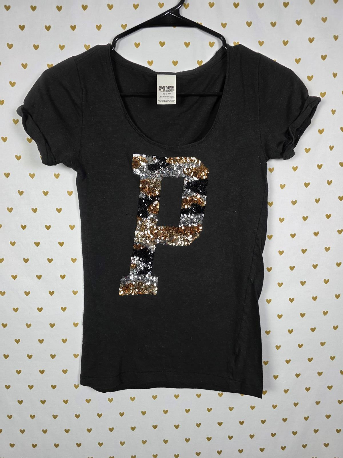 Victorias Secret PINK Animal Print BLING Sequined P logo Tee shirt XS