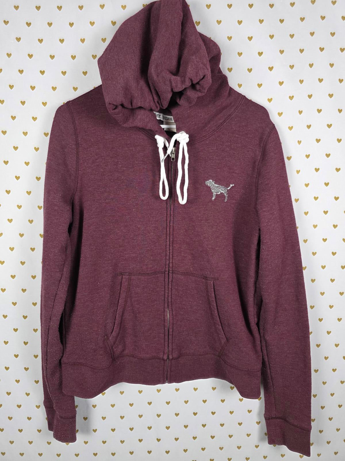 Victorias Secret Pink BLING Sequined Logo Jacket Maroon Full Zip Dog Logo Hoodie