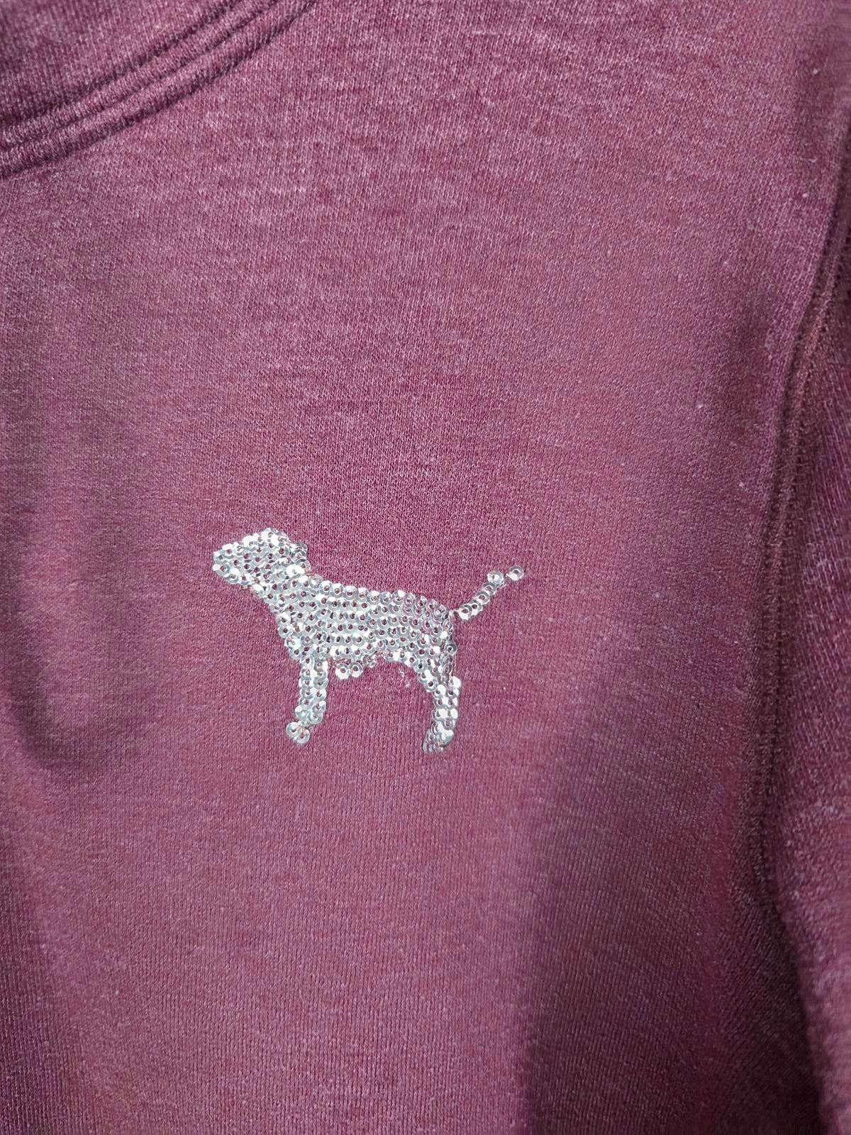 Victorias Secret Pink BLING Sequined Logo Jacket Maroon Full Zip Dog Logo Hoodie
