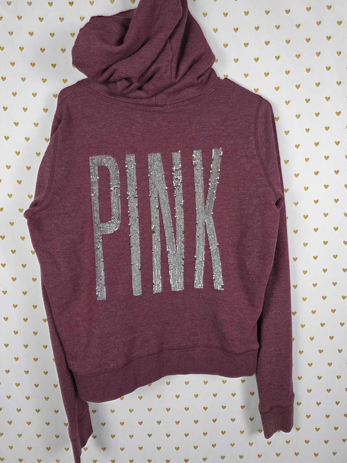 Victorias Secret Pink BLING Sequined Logo Jacket Maroon Full Zip Dog Logo Hoodie