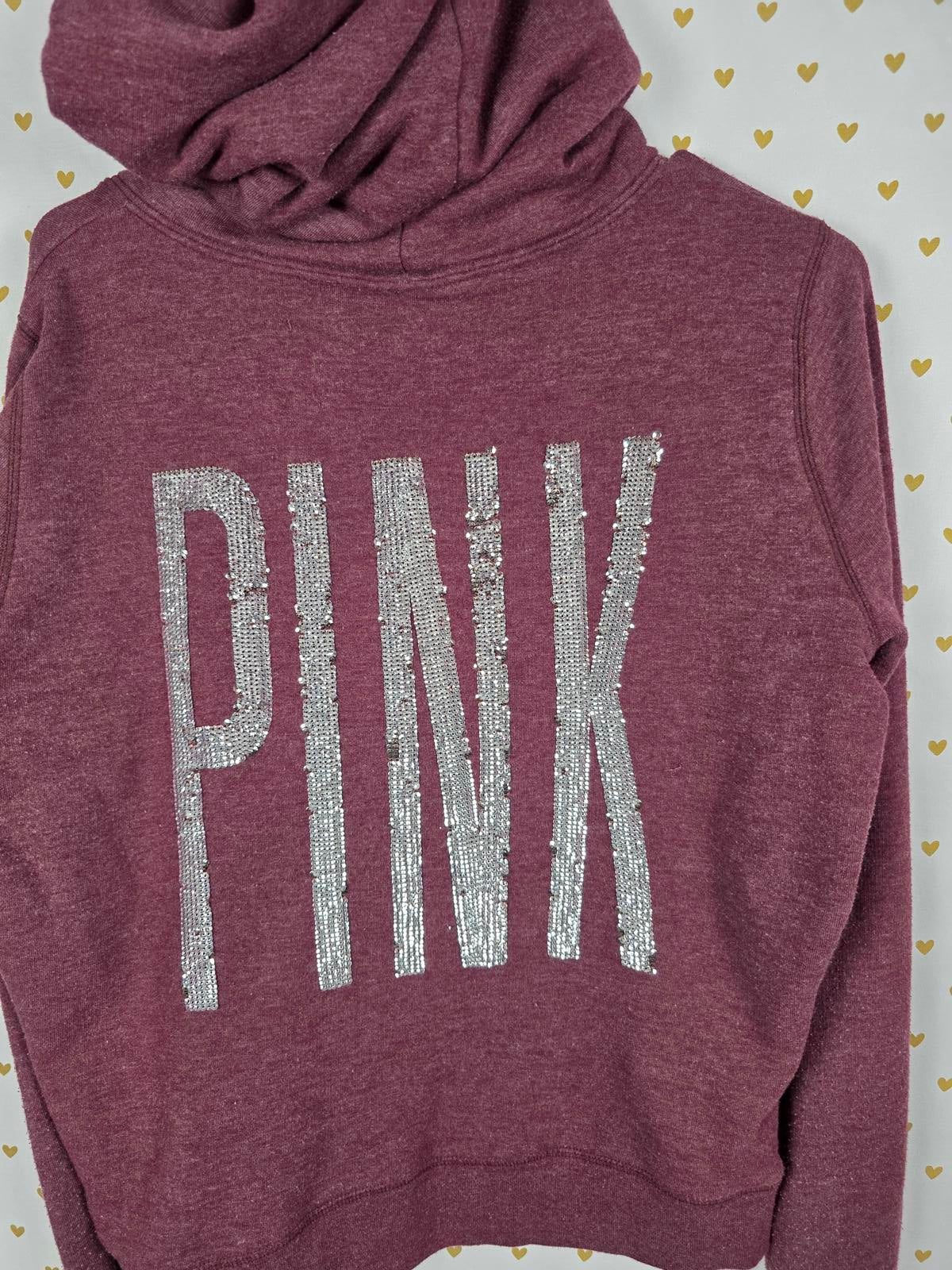 Victorias Secret Pink BLING Sequined Logo Jacket Maroon Full Zip Dog Logo Hoodie