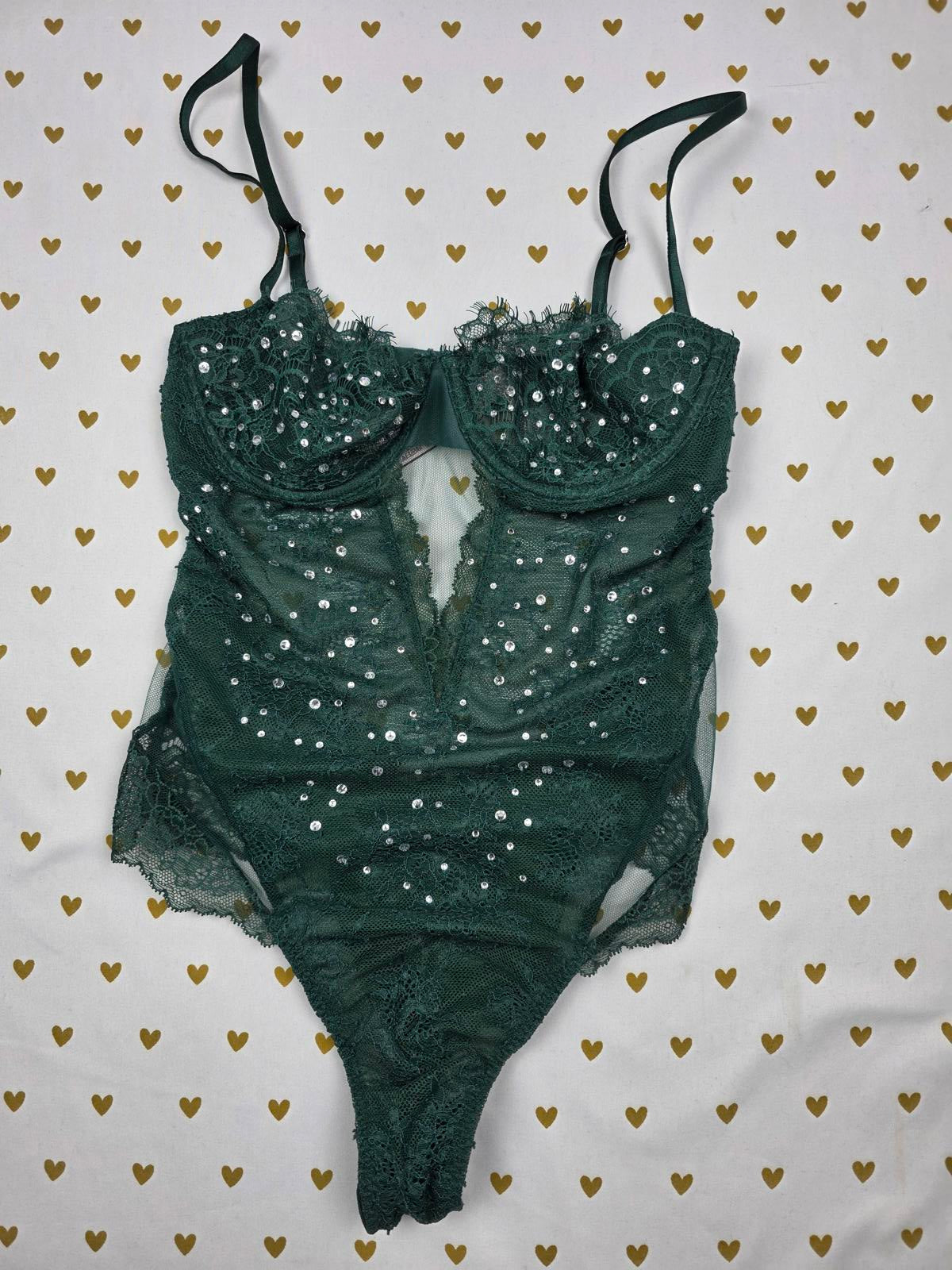 Victorias Secret WICKED Green BLING Embellished Rhinestone Teddy Bodysuit Lace