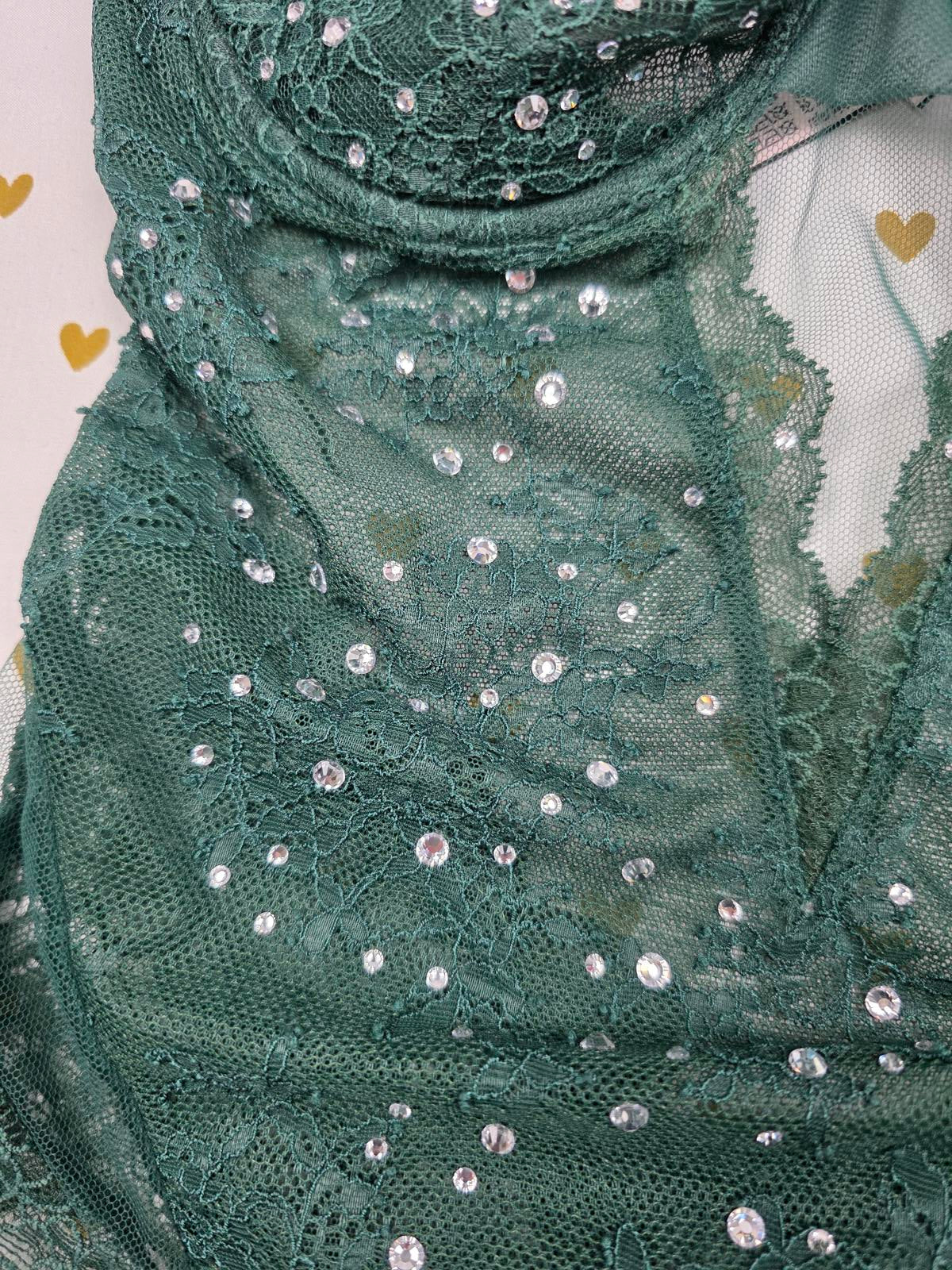Victorias Secret WICKED Green BLING Embellished Rhinestone Teddy Bodysuit Lace