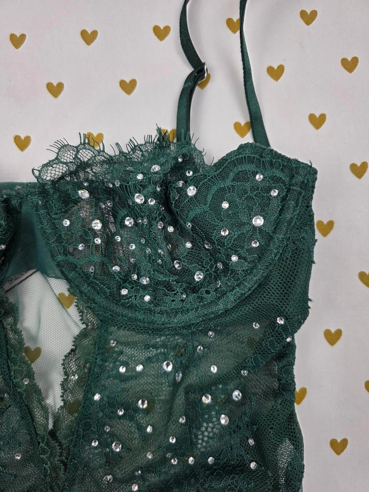 Victorias Secret WICKED Green BLING Embellished Rhinestone Teddy Bodysuit Lace