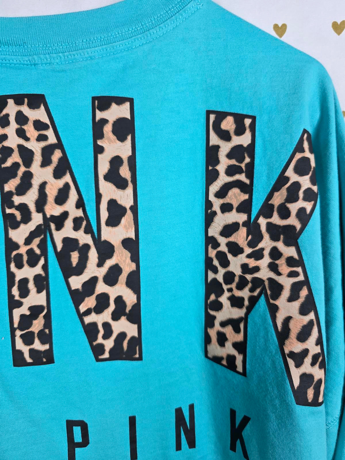 Victorias Secret Pink Leopard Cheetah Logo Sweater Shirt Blue OVERSIZED XS dog