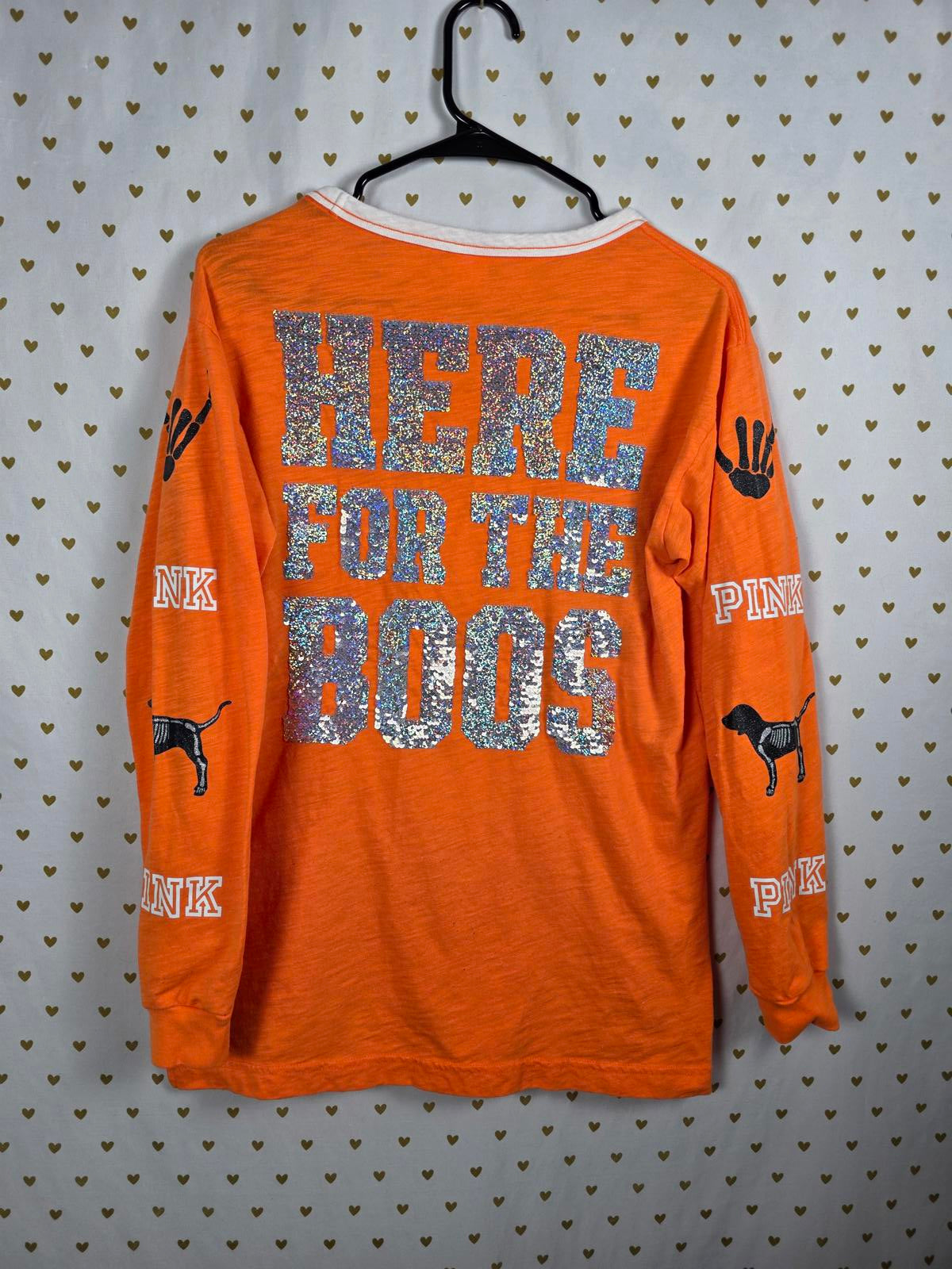 Victorias Secret PINK HTF HALLOWEEN Here for the BOOS BLING Tee Lace front SMALL