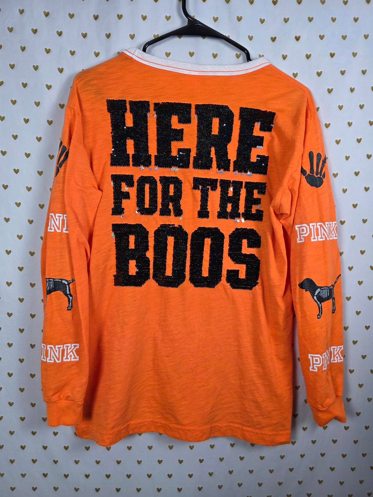 Victorias Secret PINK HTF HALLOWEEN Here for the BOOS BLING Tee Lace front SMALL
