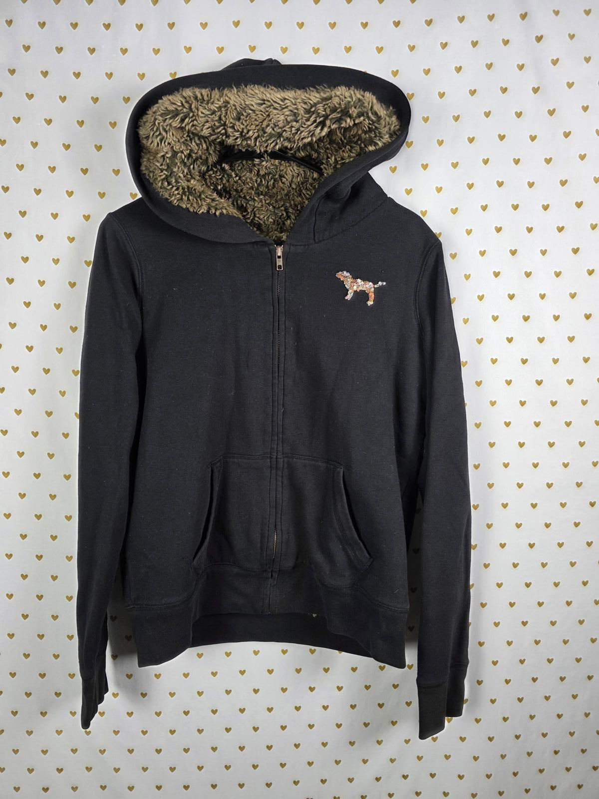 Victorias Secret Pink FUR LINED BLING Gold Sequined Hoodie Jacket Full Zip MED
