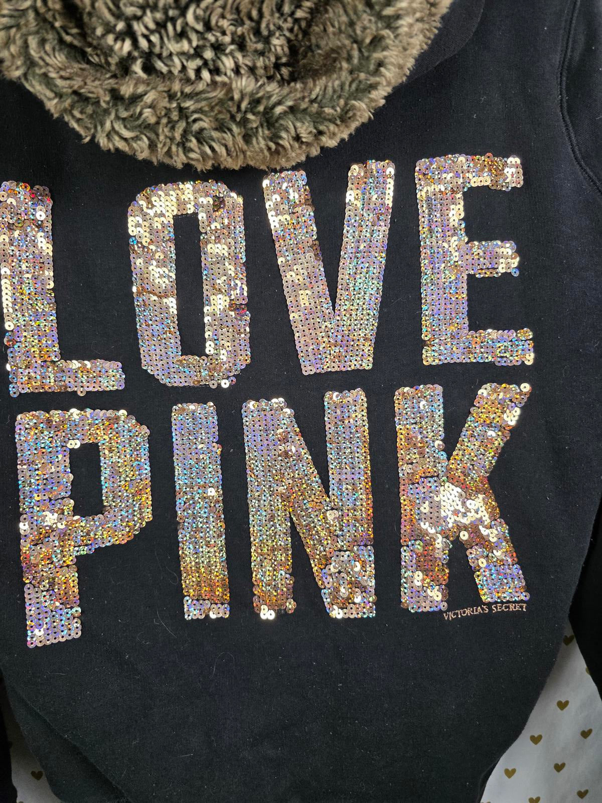 Victorias Secret Pink FUR LINED BLING Gold Sequined Hoodie Jacket Full Zip MED
