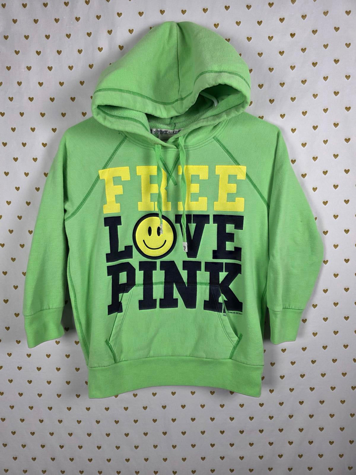 Victorias Secret Pink FREE LOVE Green VINTAGE Rare Hoodie Sweater Y2K Small