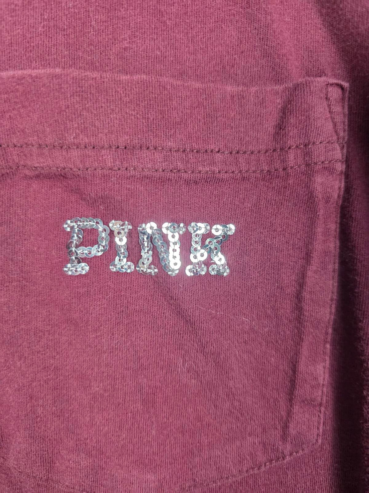 Victorias Secret PINK Maroon BLING Dog Logo Tee Shirt Pocket Silver Sequins SM