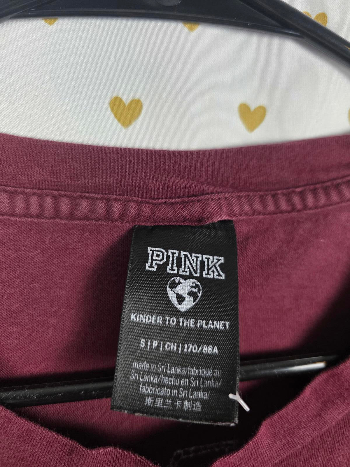 Victorias Secret PINK Maroon BLING Dog Logo Tee Shirt Pocket Silver Sequins SM