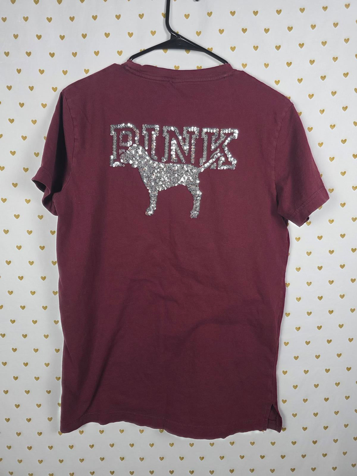 Victorias Secret PINK Maroon BLING Dog Logo Tee Shirt Pocket Silver Sequins SM
