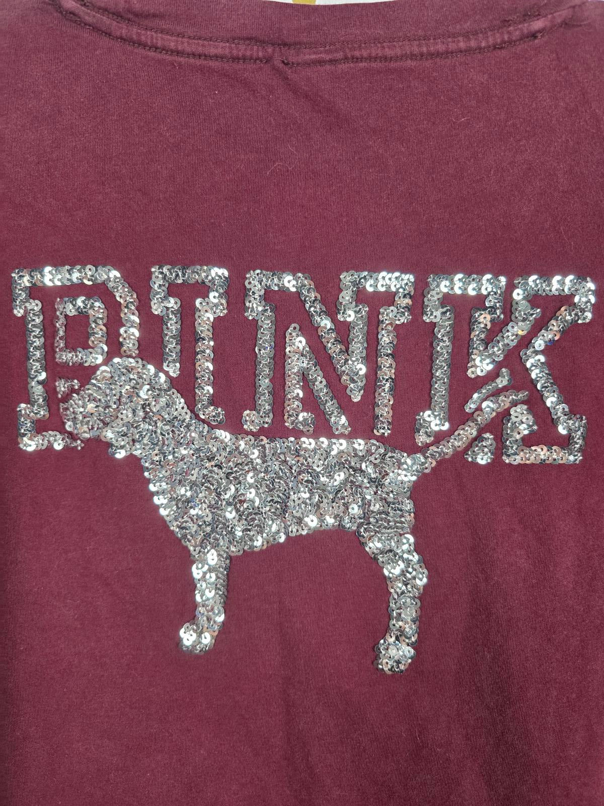 Victorias Secret PINK Maroon BLING Dog Logo Tee Shirt Pocket Silver Sequins SM