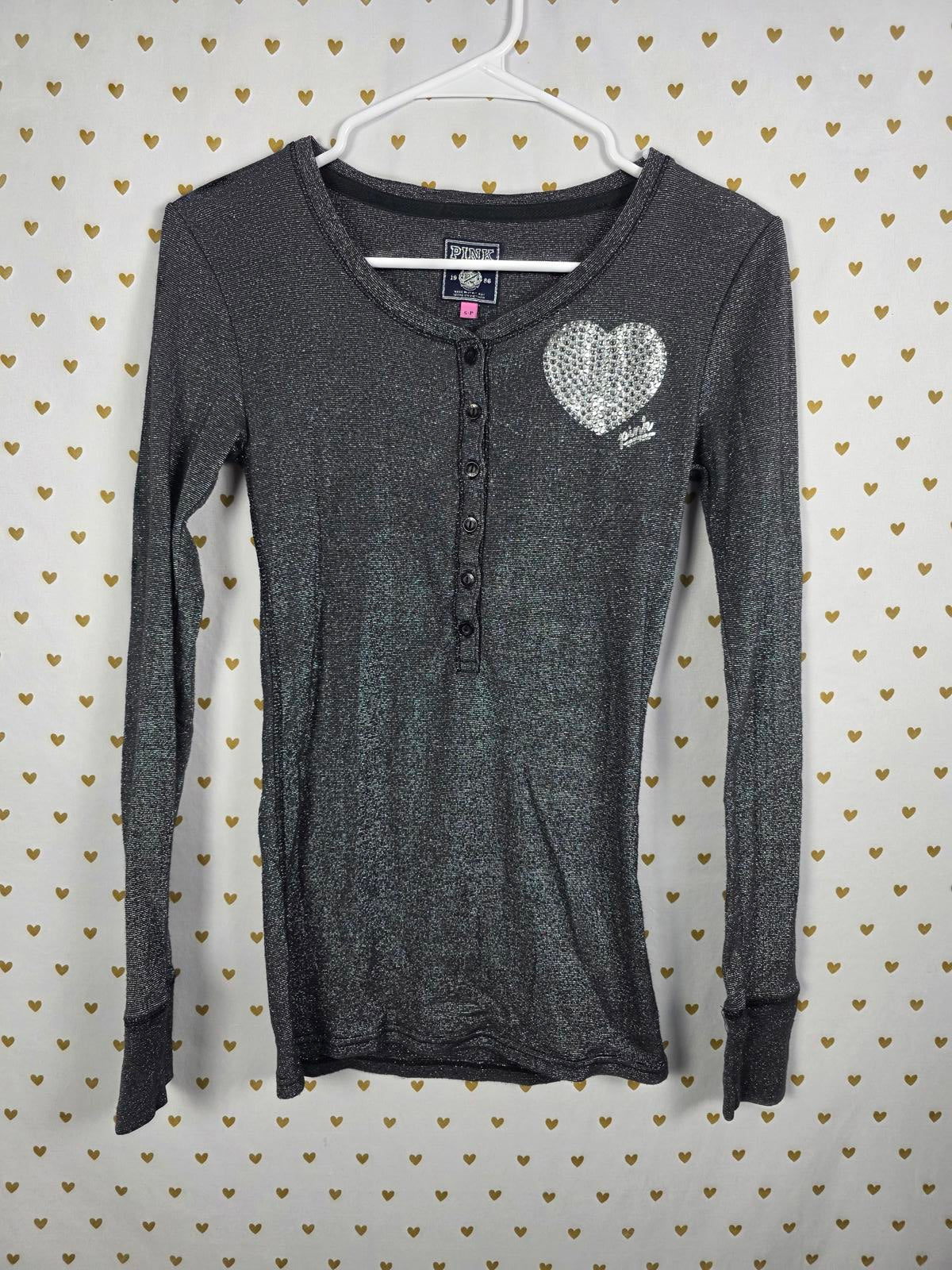 Victorias Secret PINK Vintage SHIMMER Heart BLING HENLEY Long Sleeve Button SM