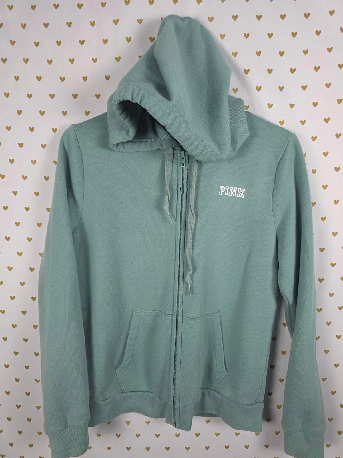 Victorias Secret Pink Full Zip Green Hoodie Logo BLING STUDDED Jacket SMALL