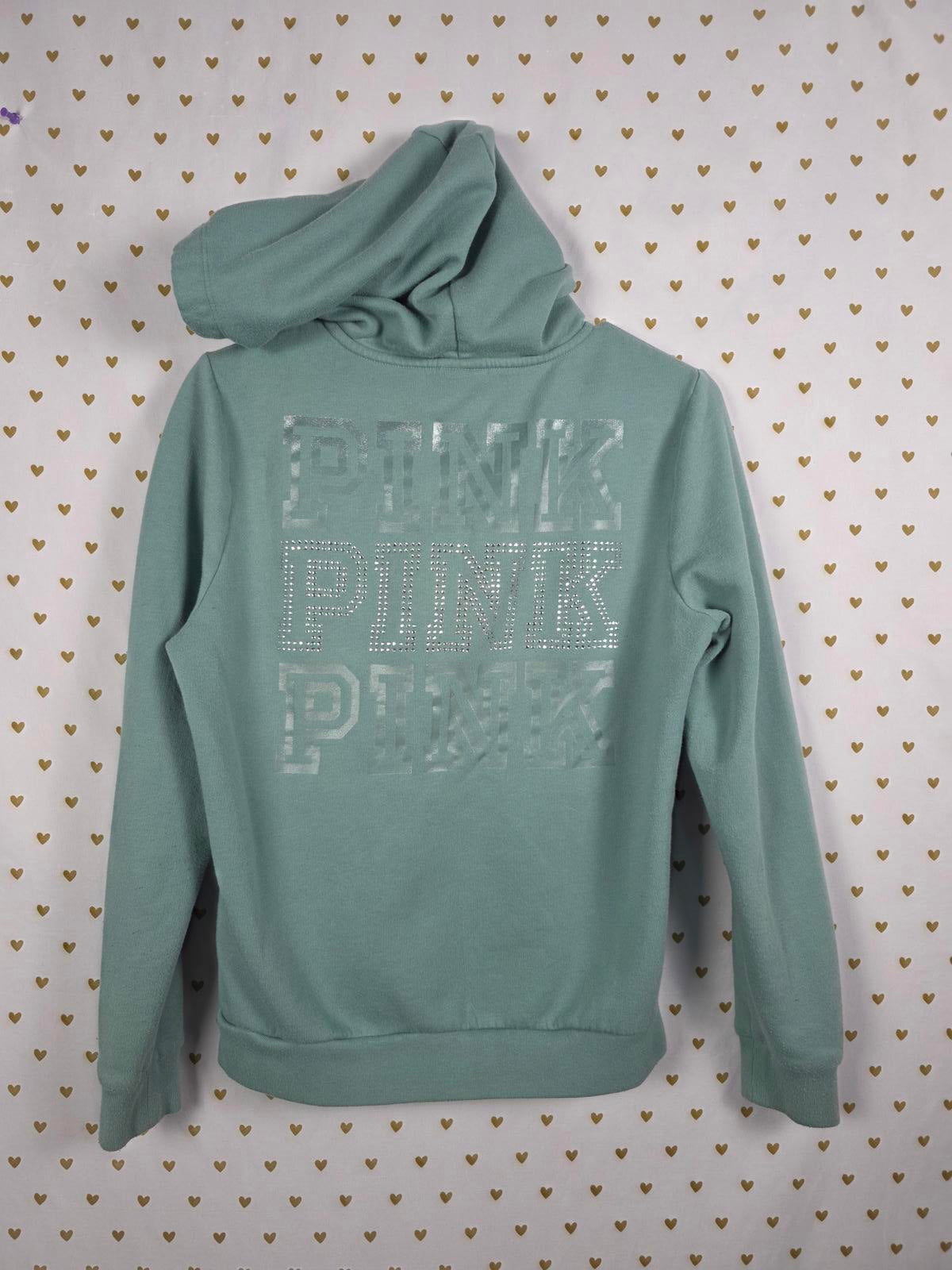 Victorias Secret Pink Full Zip Green Hoodie Logo BLING STUDDED Jacket SMALL