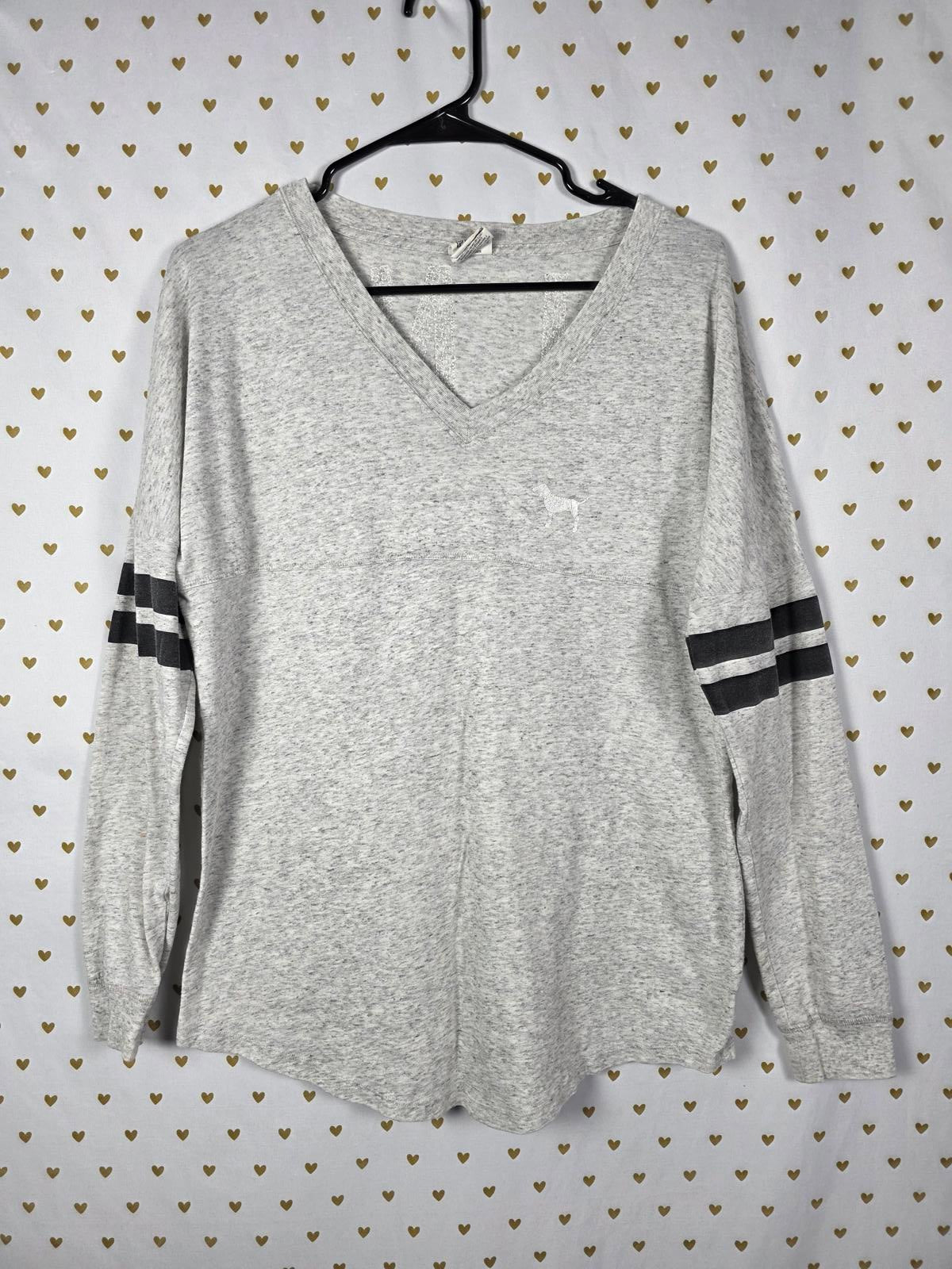 Victorias Secret PINK Campus Long Sleeve Grey BLING SEQUINED Tee V Neck Shirt SM