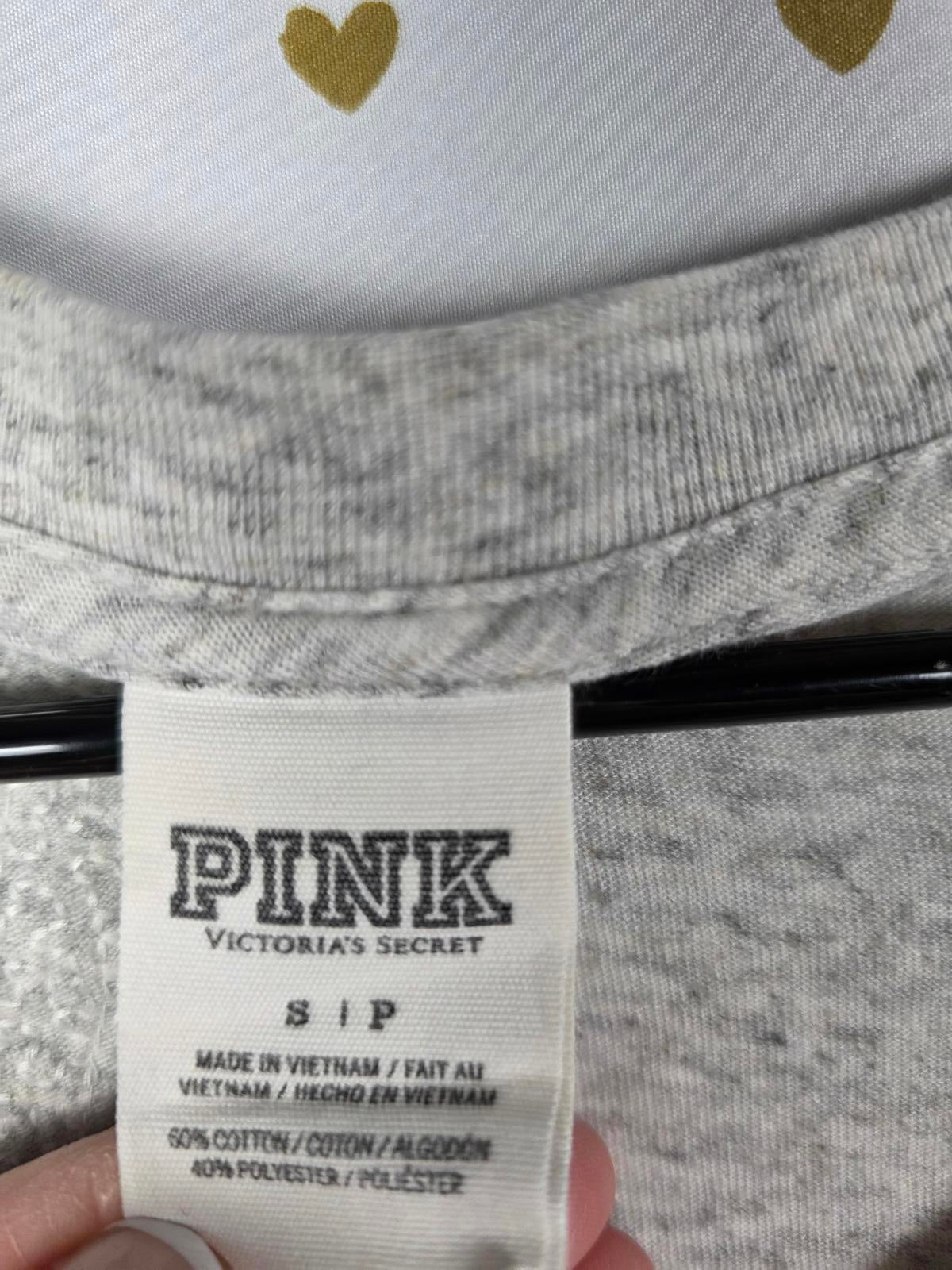 Victorias Secret PINK Campus Long Sleeve Grey BLING SEQUINED Tee V Neck Shirt SM