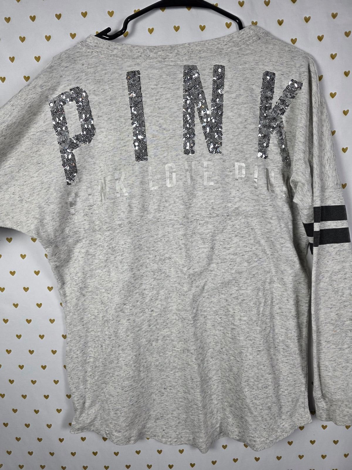 Victorias Secret PINK Campus Long Sleeve Grey BLING SEQUINED Tee V Neck Shirt SM