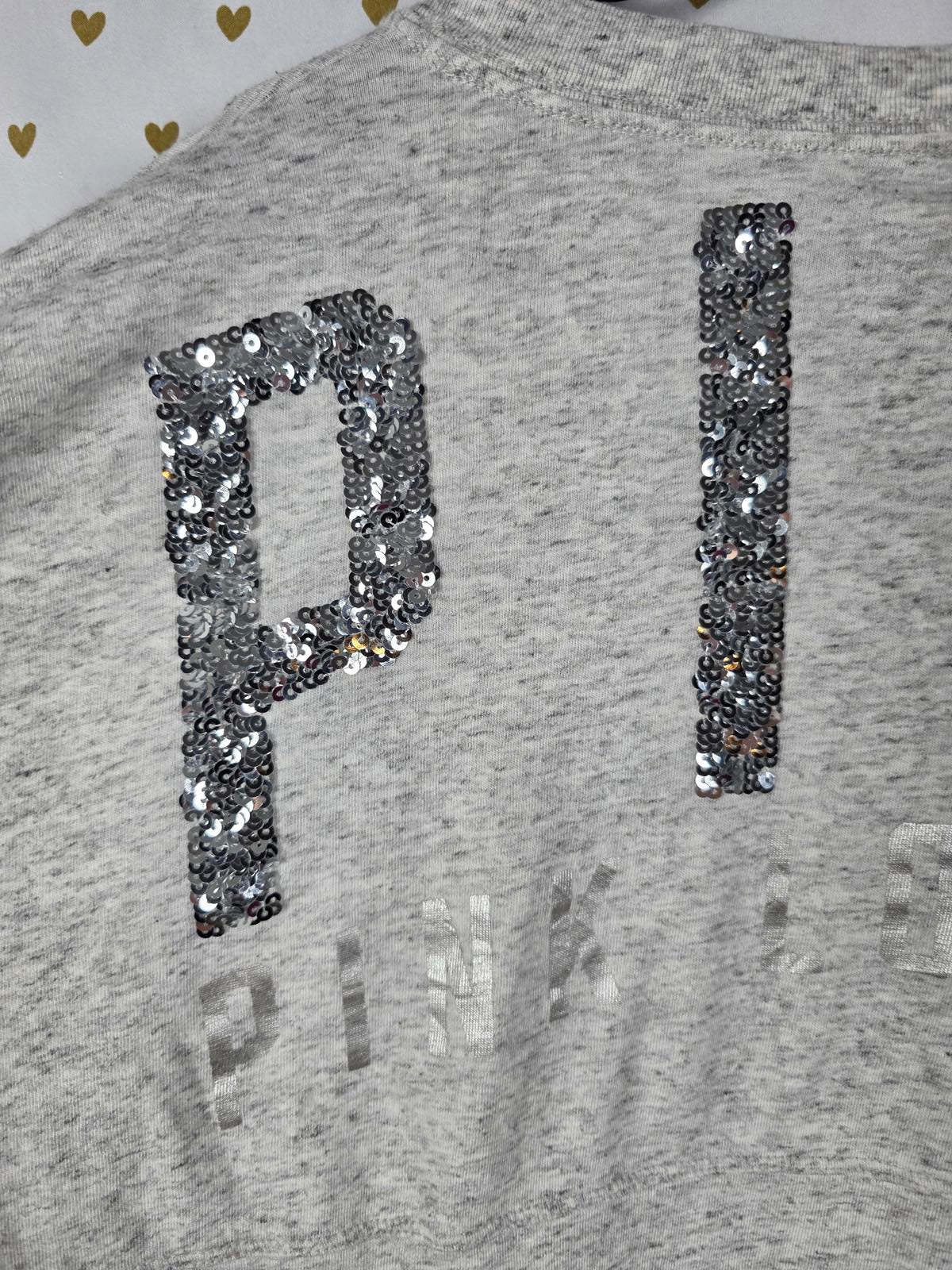 Victorias Secret PINK Campus Long Sleeve Grey BLING SEQUINED Tee V Neck Shirt SM