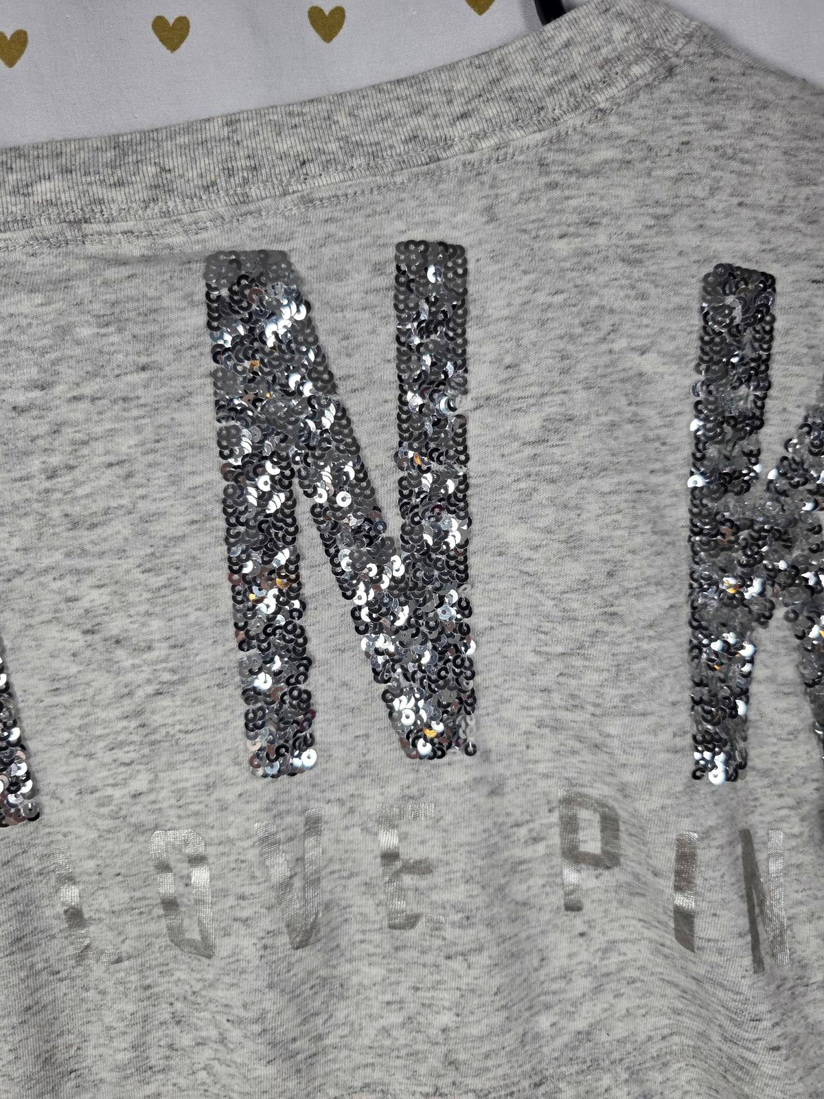 Victorias Secret PINK Campus Long Sleeve Grey BLING SEQUINED Tee V Neck Shirt SM
