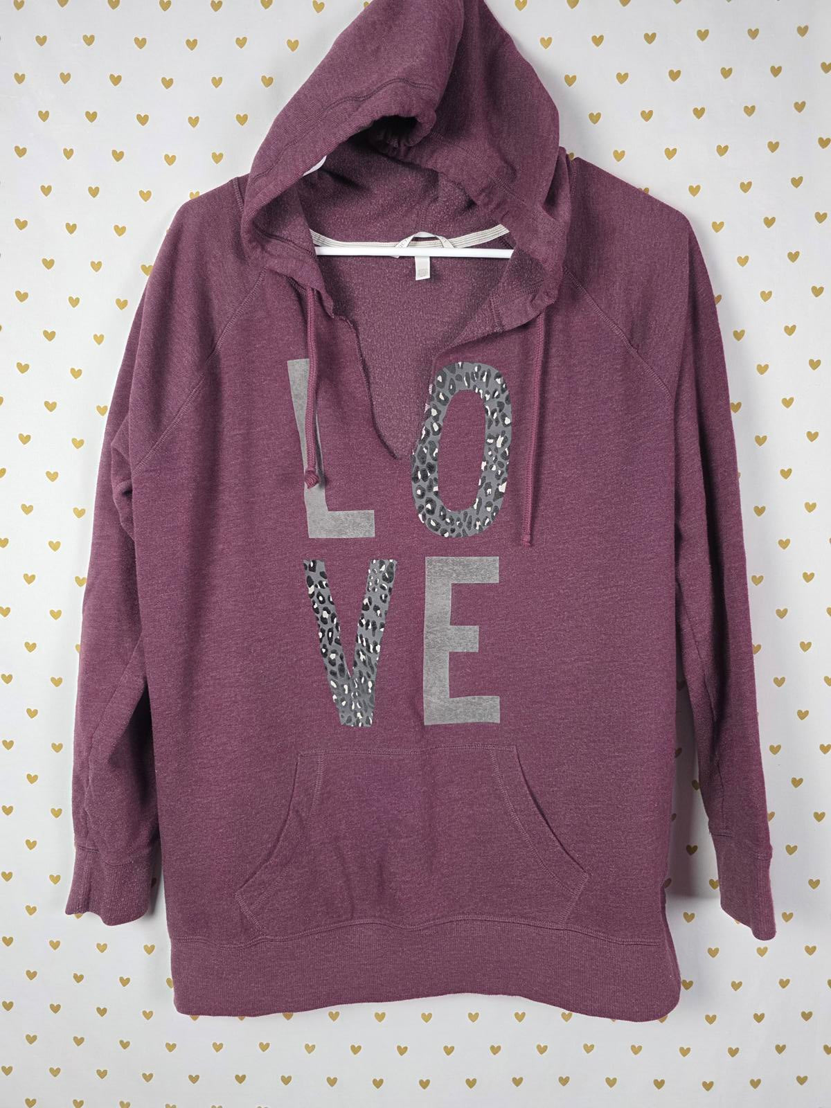 Victorias Secret Maroon V Neck Pullover Hoodie sweater CHEETAH LEOPARD LOVE Top