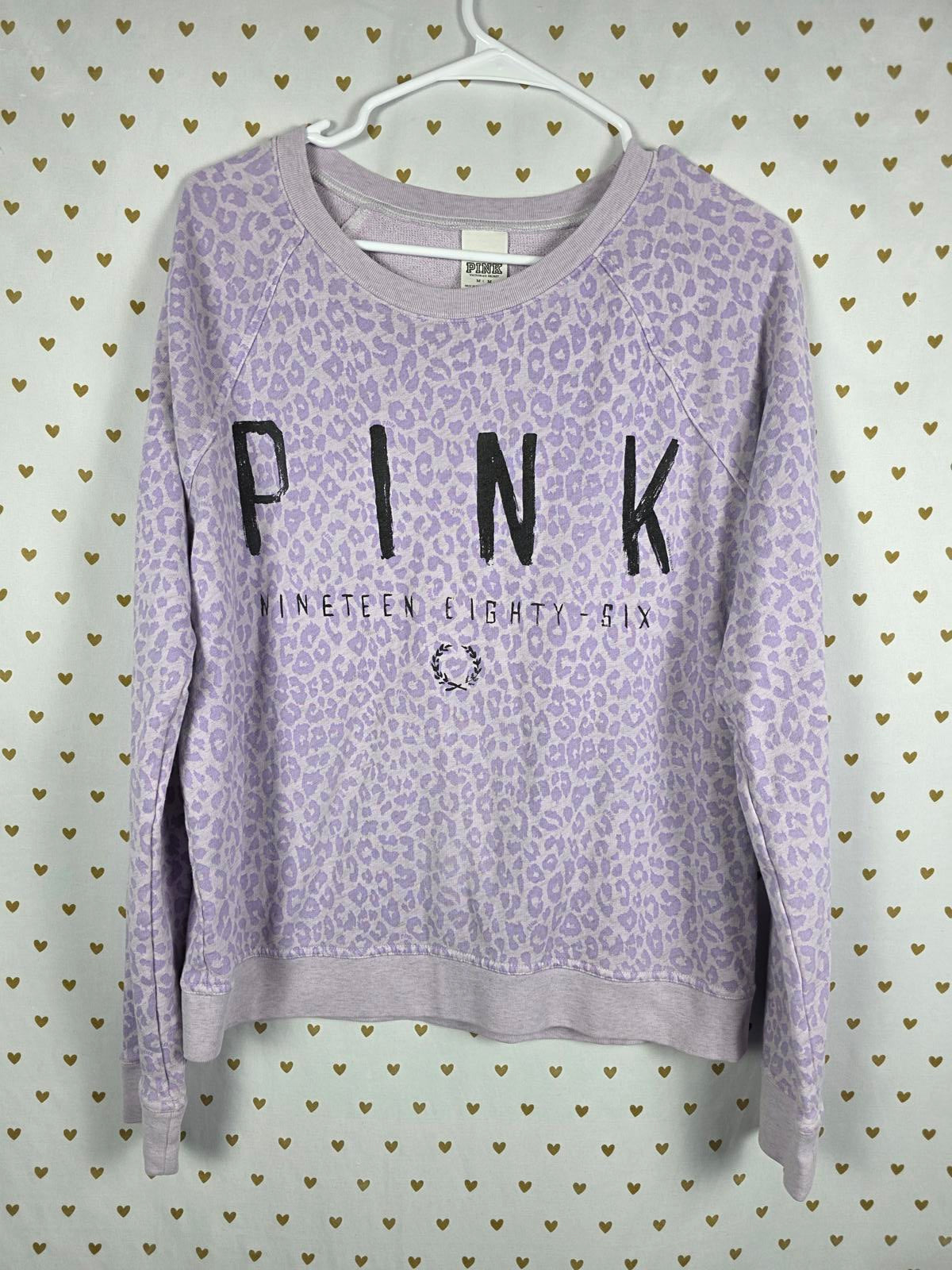 Victorias Secret PINK Cheetah Leopard Purple Logo Sweater Shirt MEDIUM