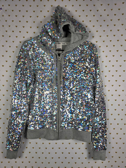 Victorias Secret Pink BLING 2013 FASHION SHOW FULL Sequined Silver Jacket SMALL