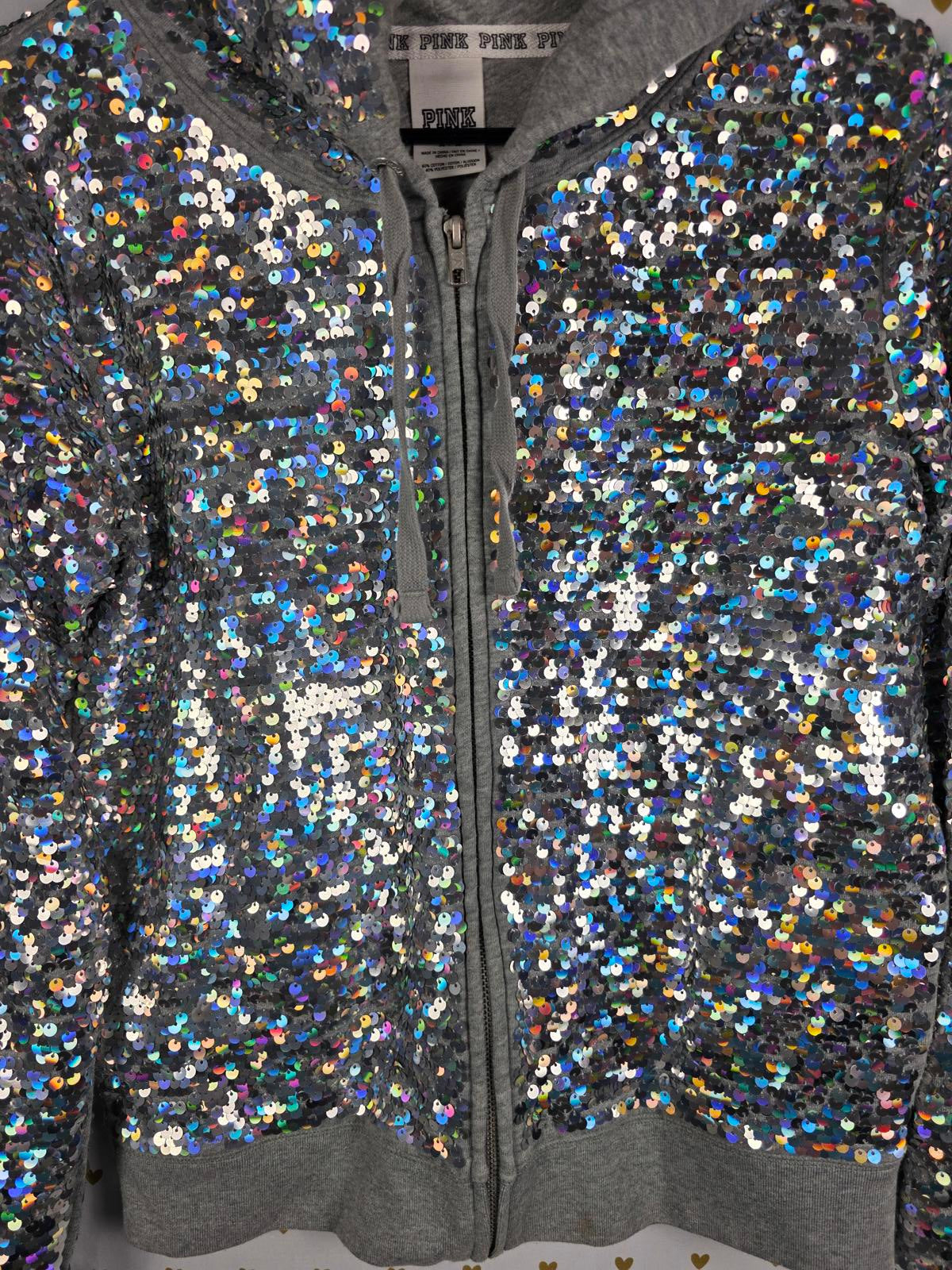 Victorias Secret Pink BLING 2013 FASHION SHOW FULL Sequined Silver Jacket SMALL