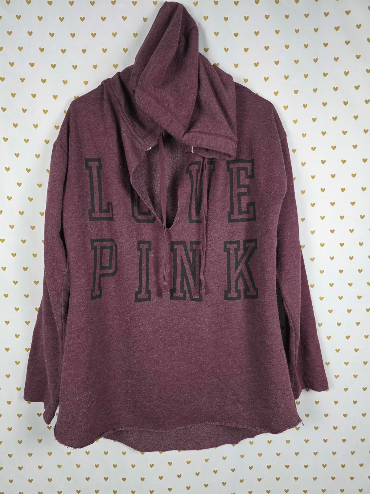 Victorias Secret Pink Maroon V Neck Hoodie Pullover Sweater LOVE Large