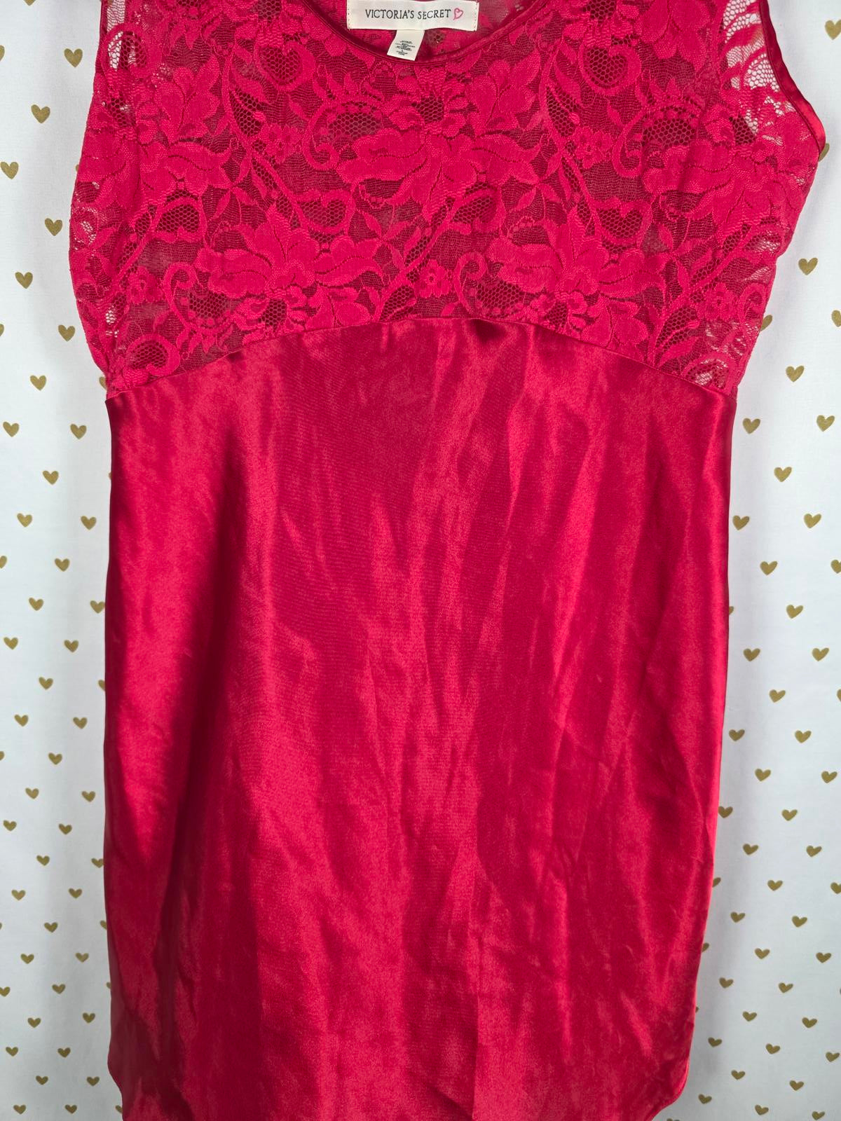 Victorias Secret VINTAGE Heart Label Satin LARGE Red Slip Dress Nightie Lingerie