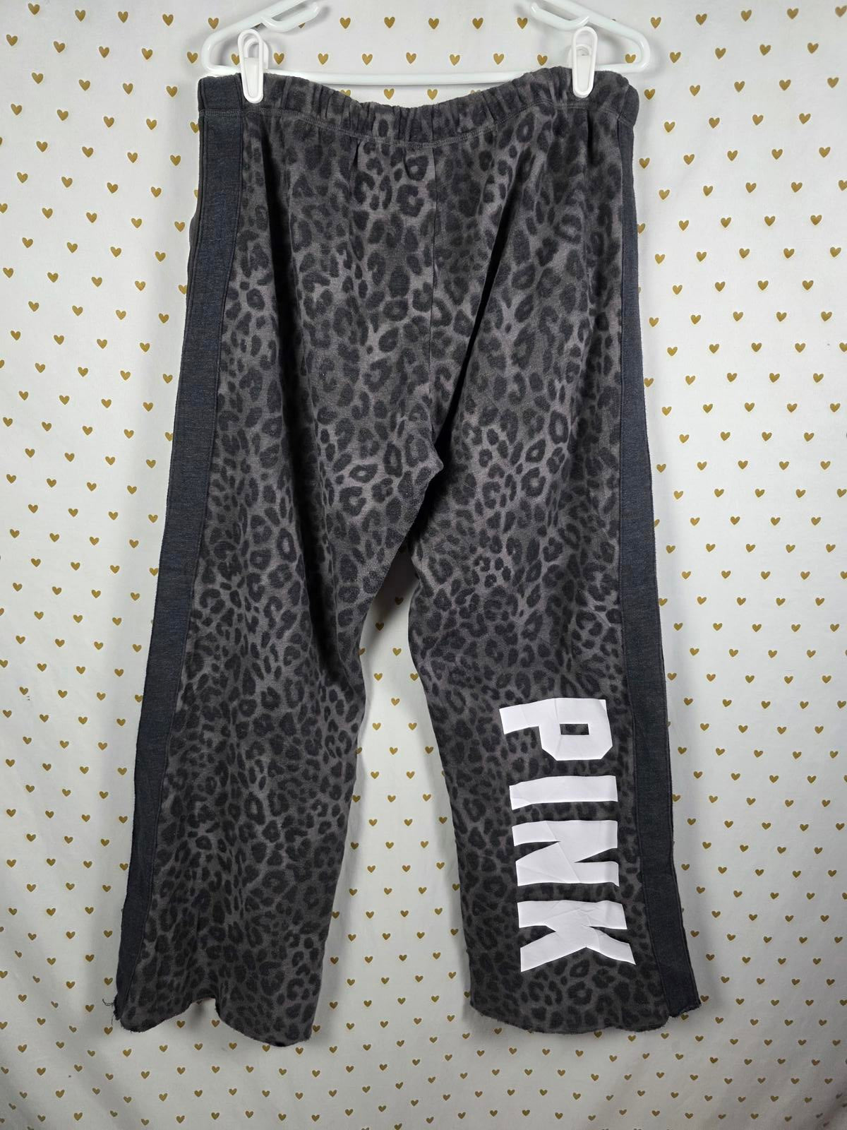 Victorias Secret PINK Flare Sweatpants LEOPARD CHEETAH grey Logo Sweats LARGE