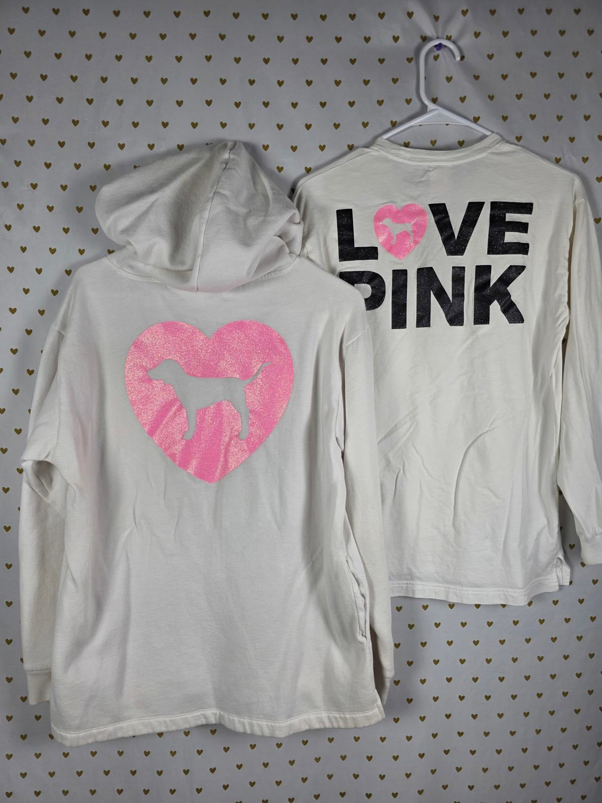 Victorias Secret Pink CAMPUS ORIGINALS Glitter HEART BLING Hoodie TEE SHIRT SET