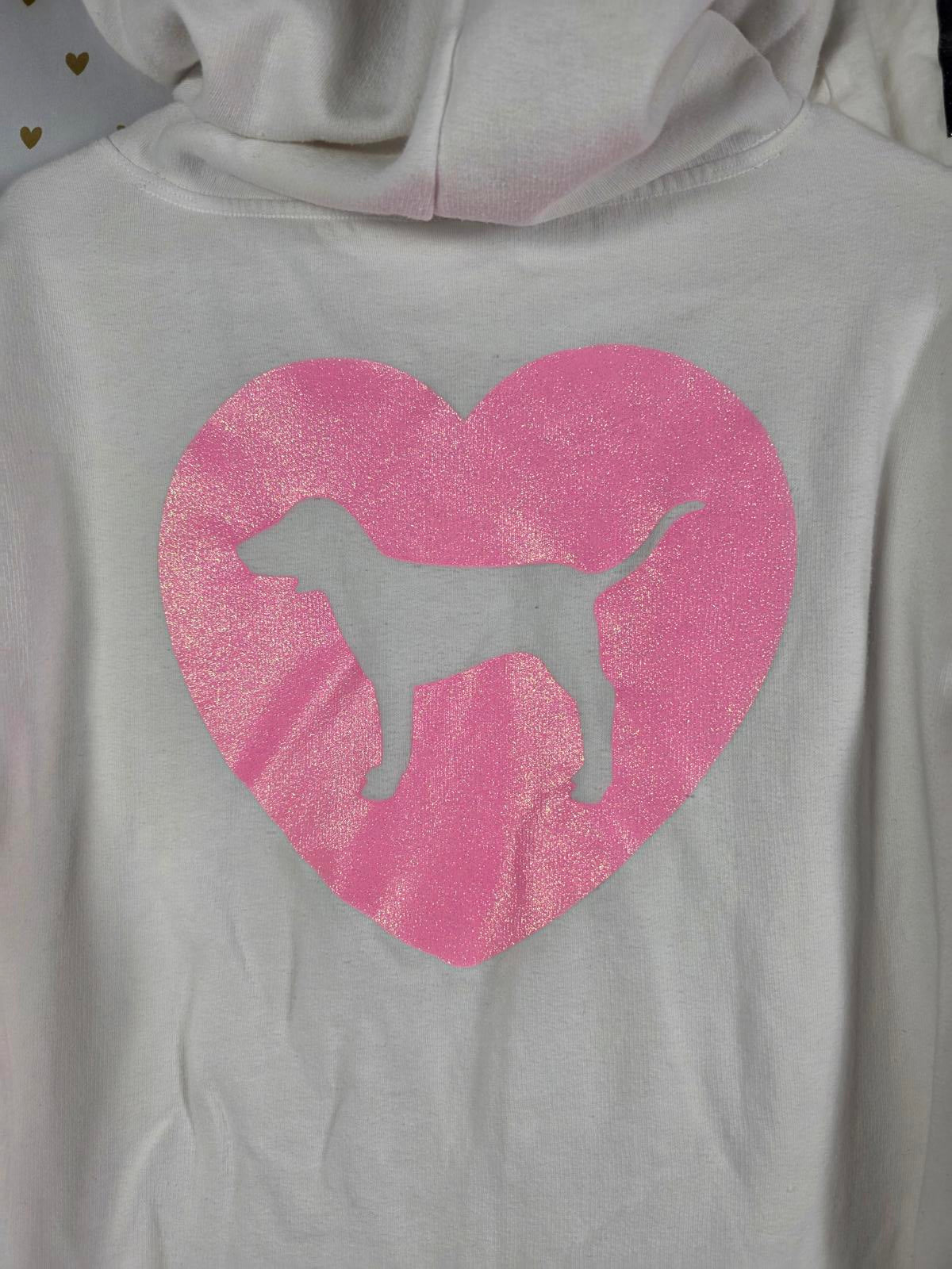 Victorias Secret Pink CAMPUS ORIGINALS Glitter HEART BLING Hoodie TEE SHIRT SET