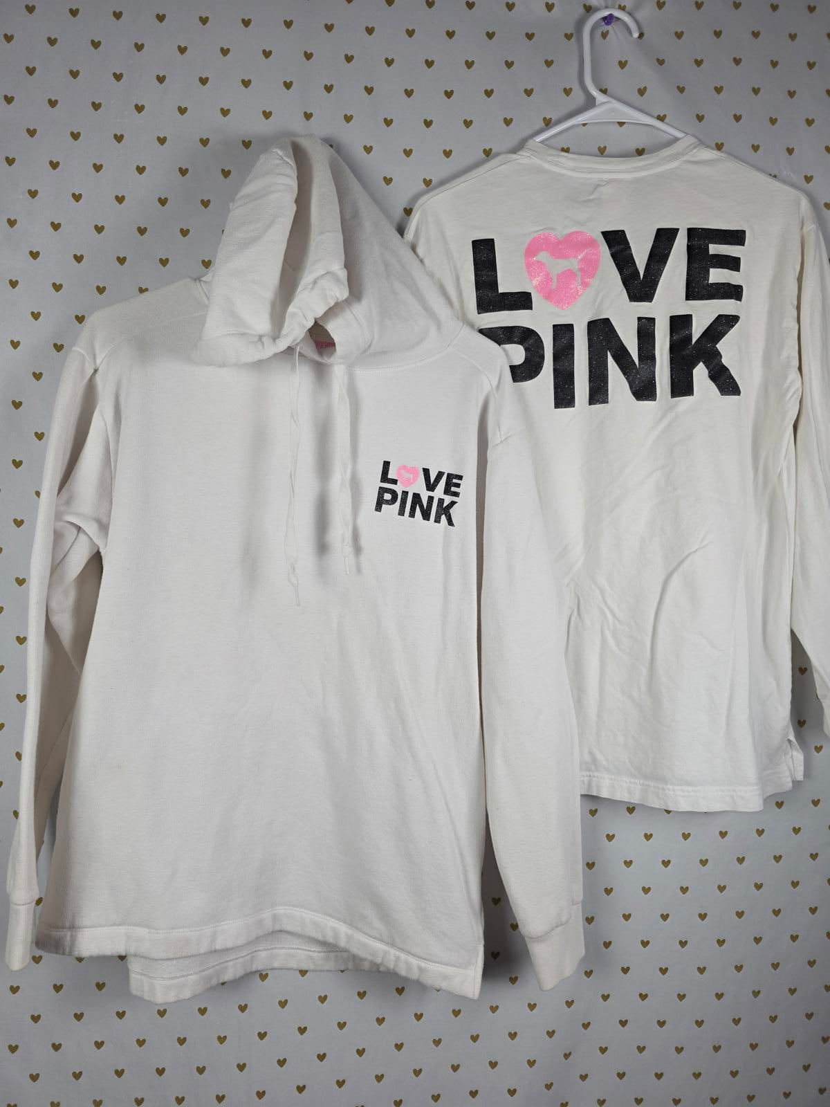 Victorias Secret Pink CAMPUS ORIGINALS Glitter HEART BLING Hoodie TEE SHIRT SET