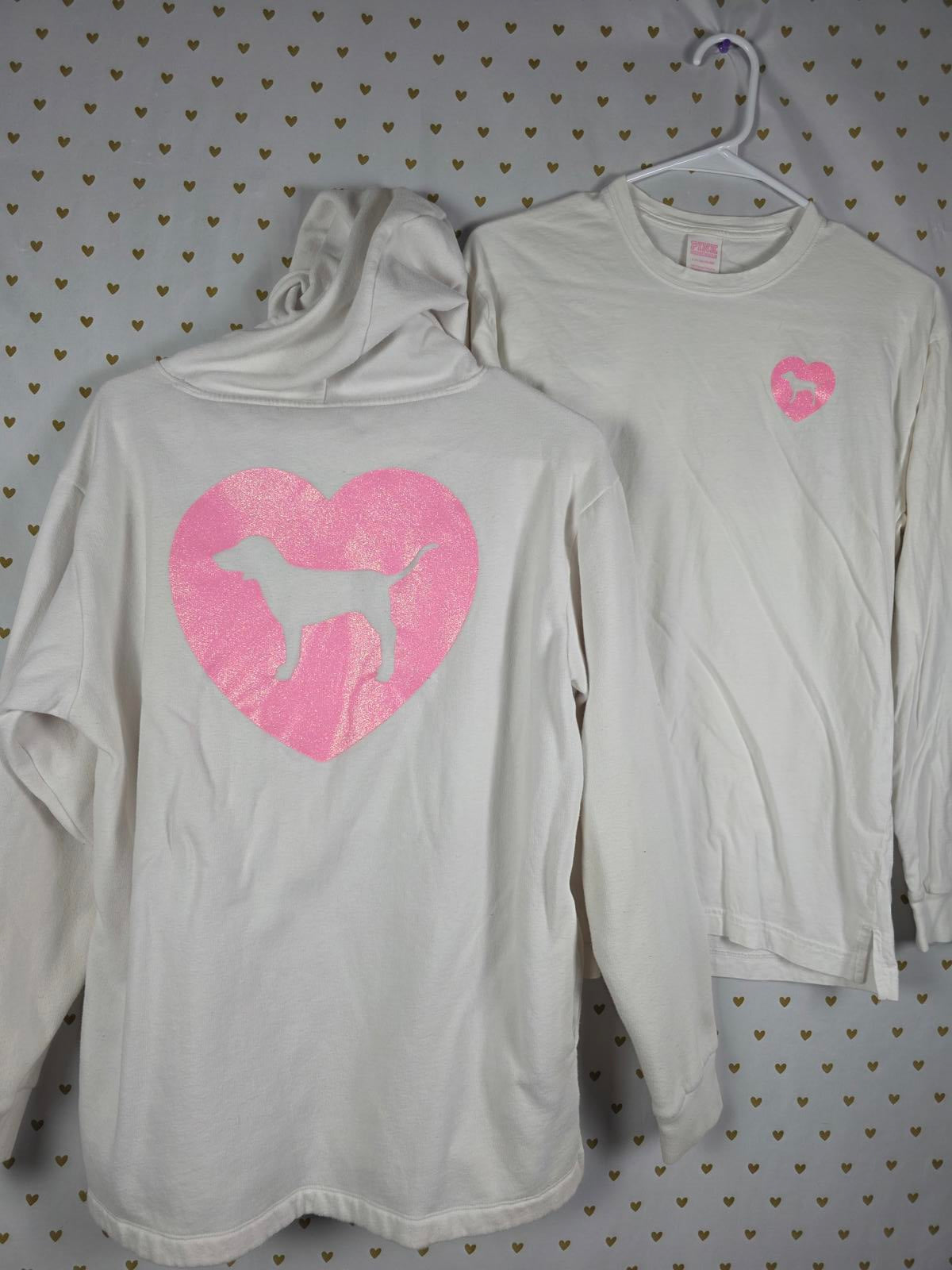 Victorias Secret Pink CAMPUS ORIGINALS Glitter HEART BLING Hoodie TEE SHIRT SET