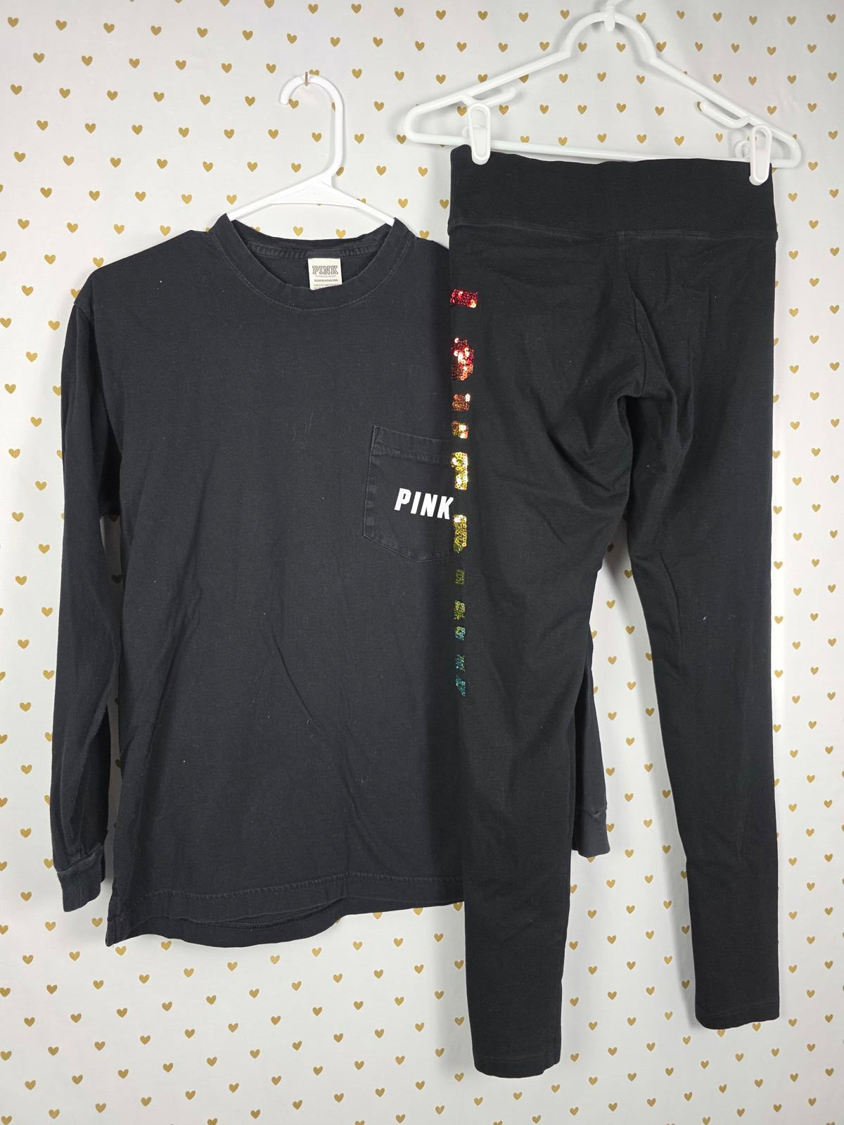Victorias Secret PINK  RAINBOW BLING Campus Tee Shirt & Leggings SET Yoga XS SM