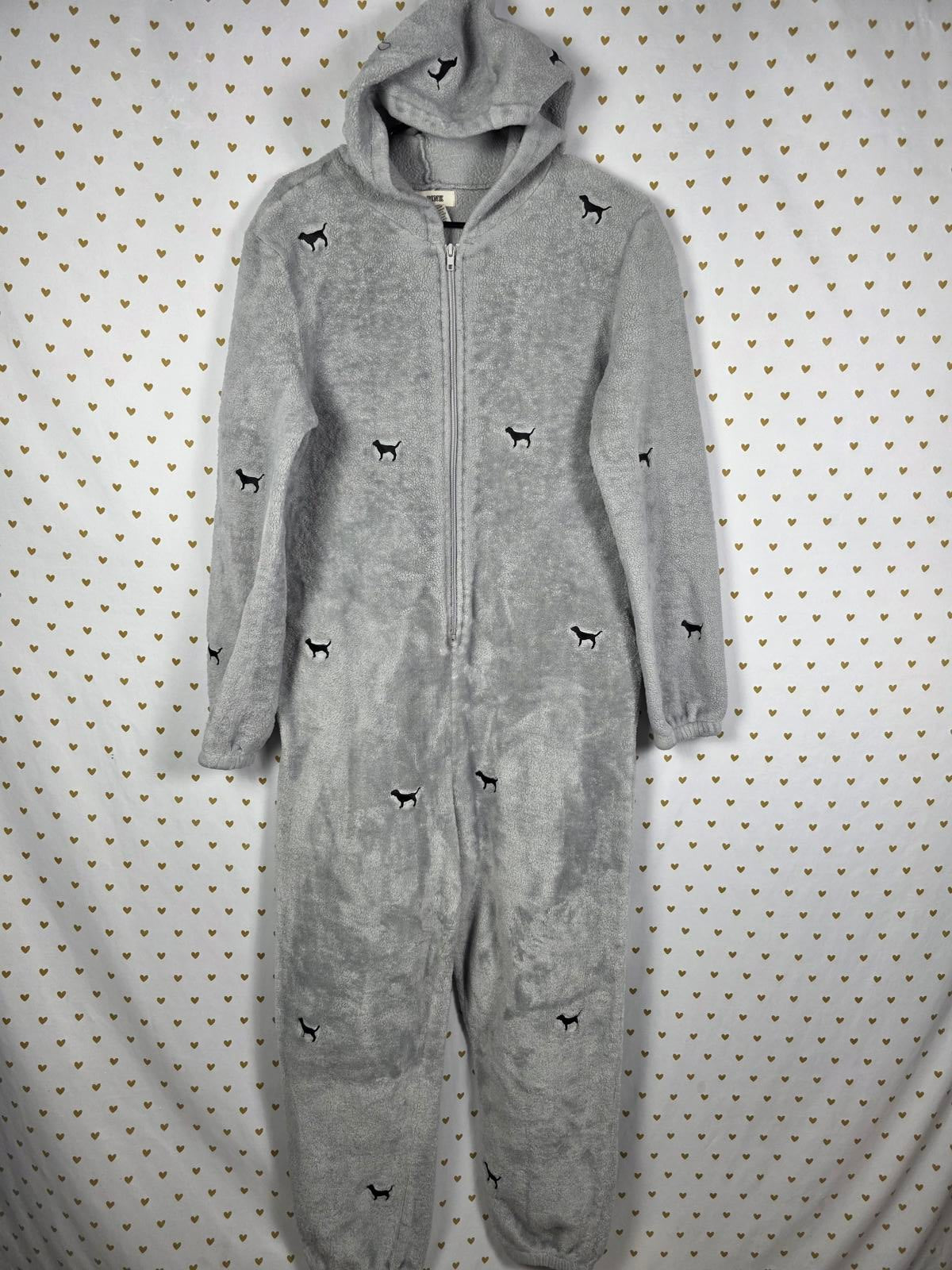 Victoria Secret Pink Teddy Soft Pajama M/L Dogs Gray one piece RARE Sleep