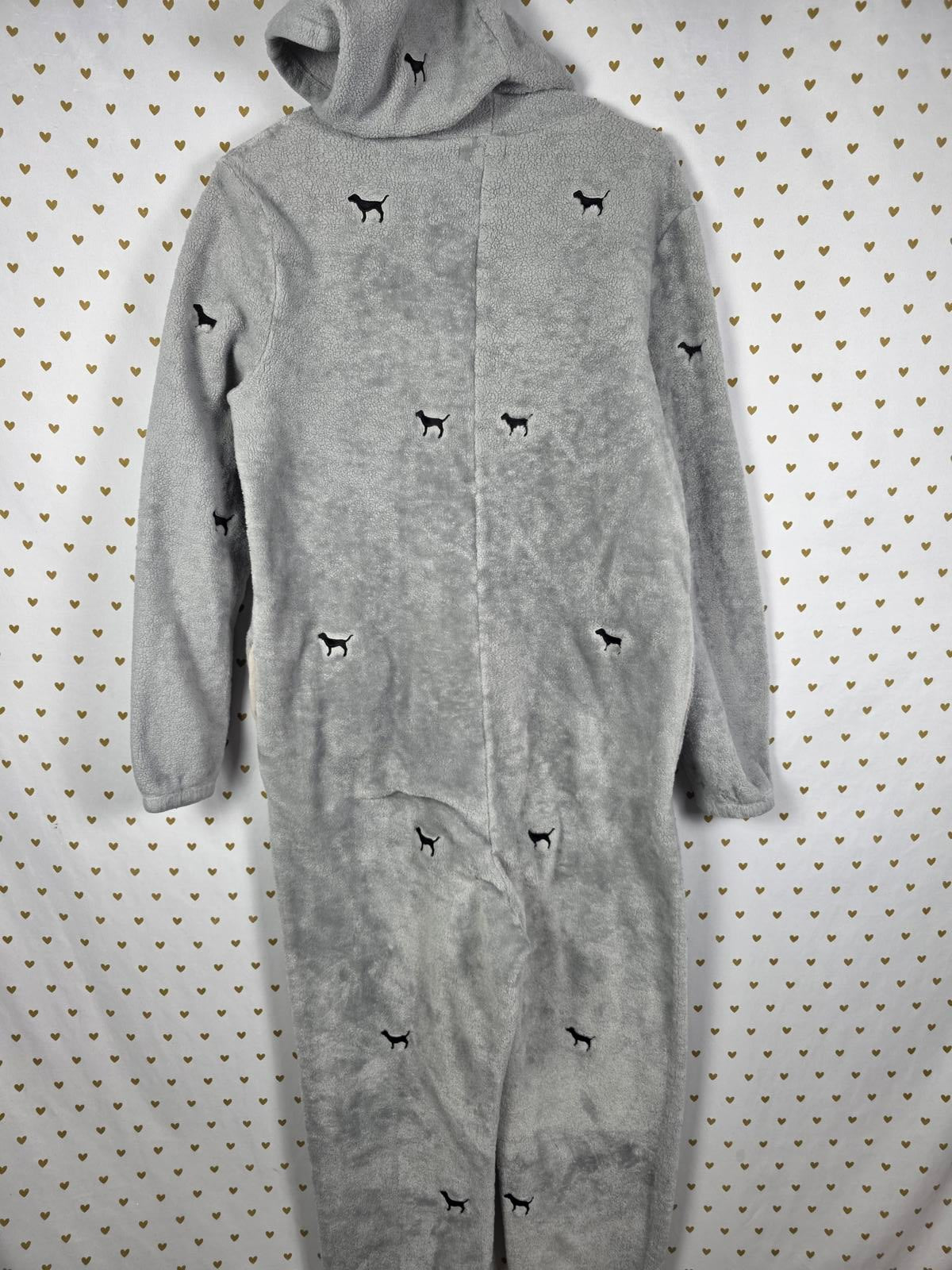 Victoria Secret Pink Teddy Soft Pajama M/L Dogs Gray one piece RARE Sleep
