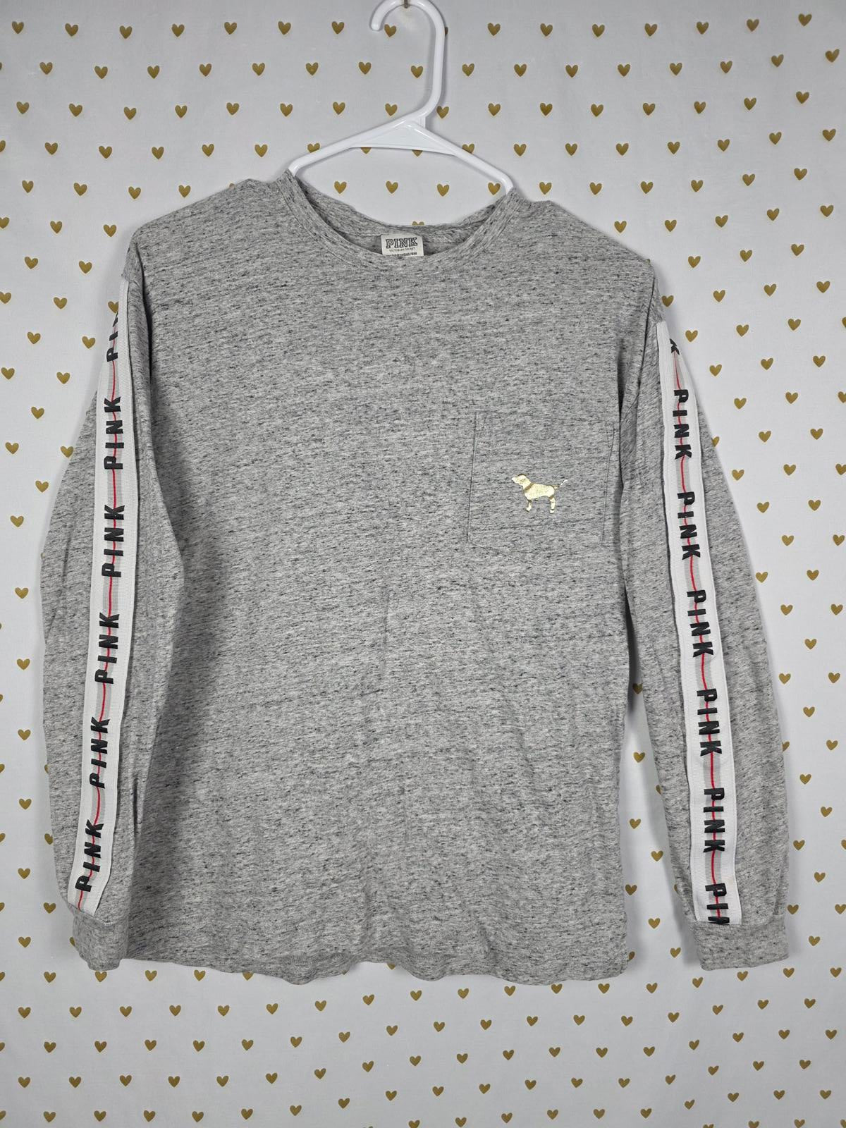 Victorias Secret PINK GOLD DOG BLING Sequined Logo Stripe Campus Tee shirt XS