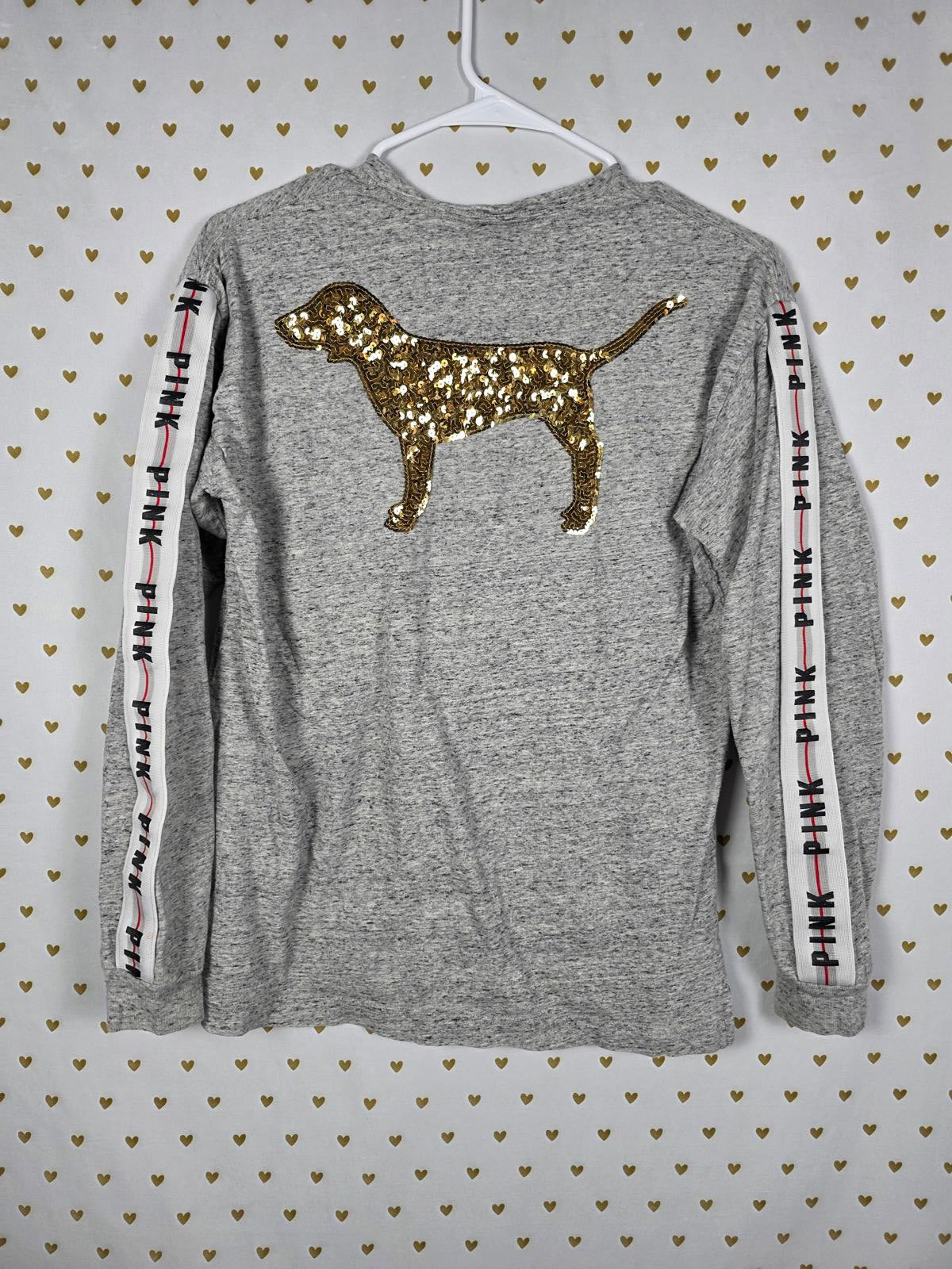 Victorias Secret PINK GOLD DOG BLING Sequined Logo Stripe Campus Tee shirt XS