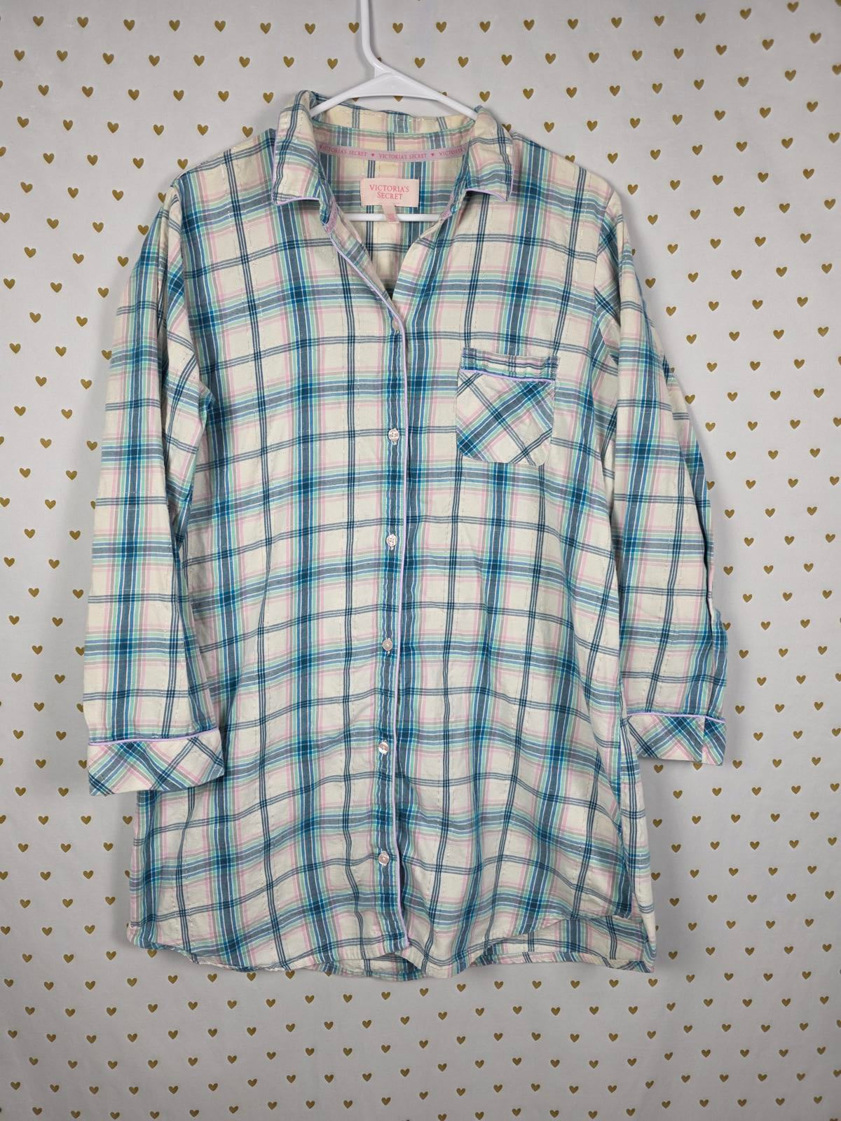 Victorias Secret Plaid Button Down Sleep Shirt Nightgown Pajama PJ Nightie L