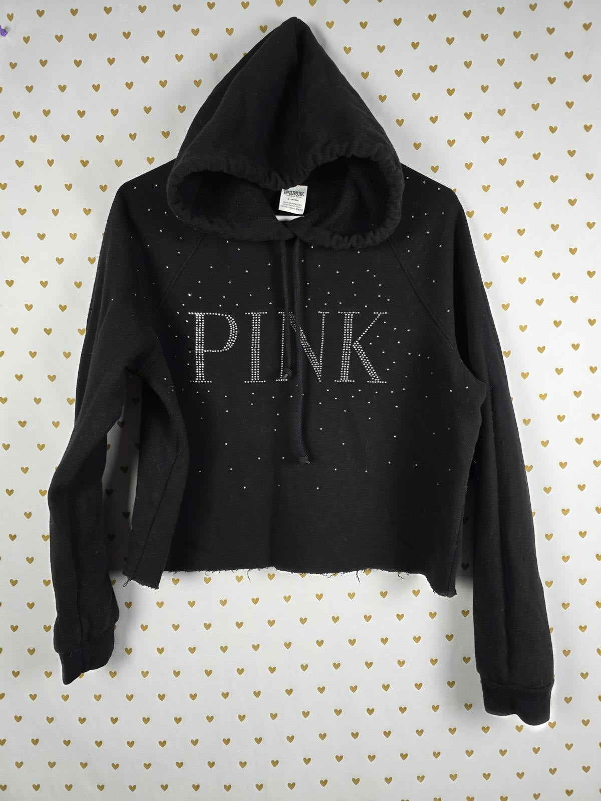 Victorias Secret Pink BLING SHINE Rhinestone Gem Hooded Logo Sweater Shirt MED