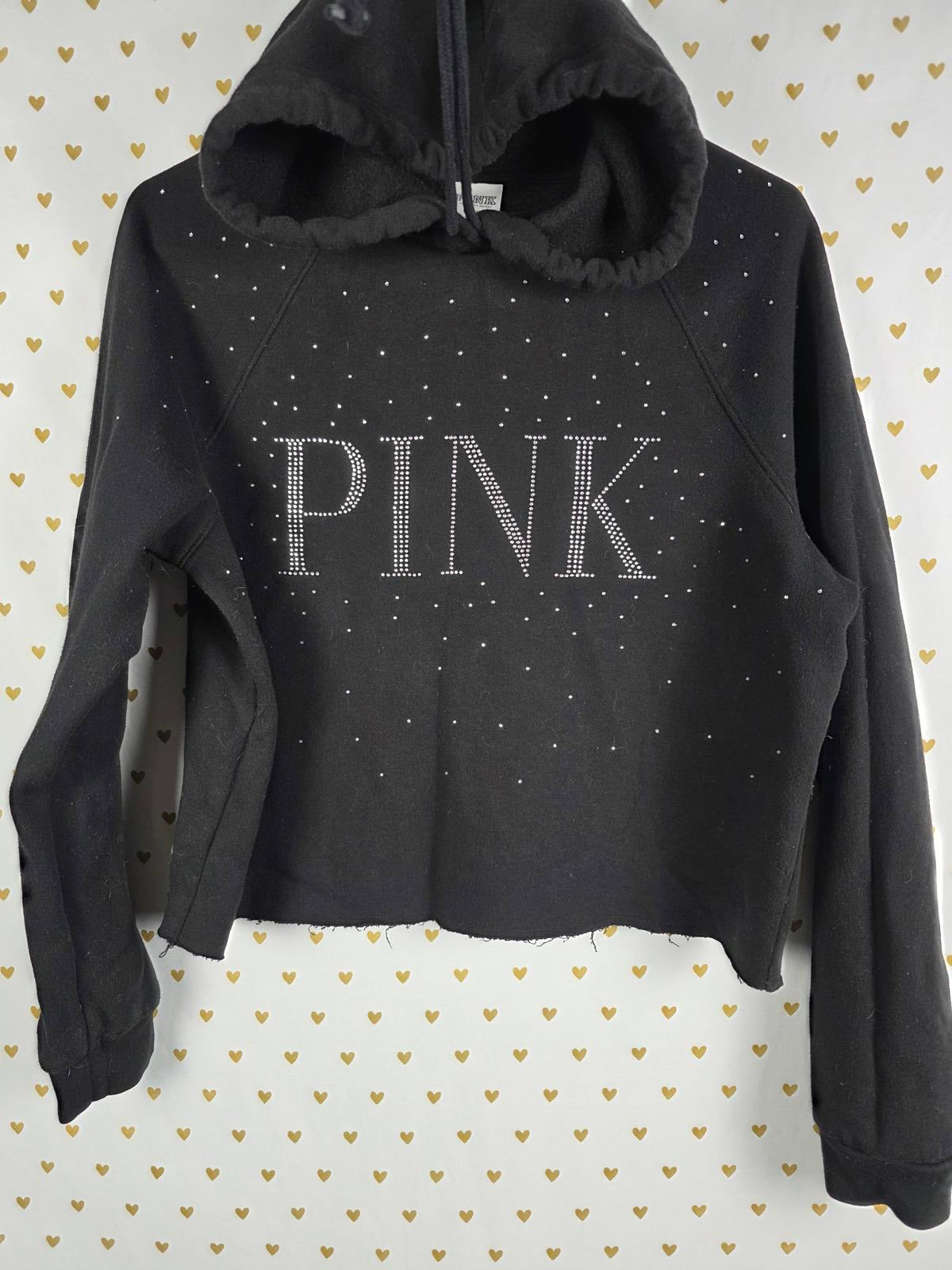 Victorias Secret Pink BLING SHINE Rhinestone Gem Hooded Logo Sweater Shirt MED
