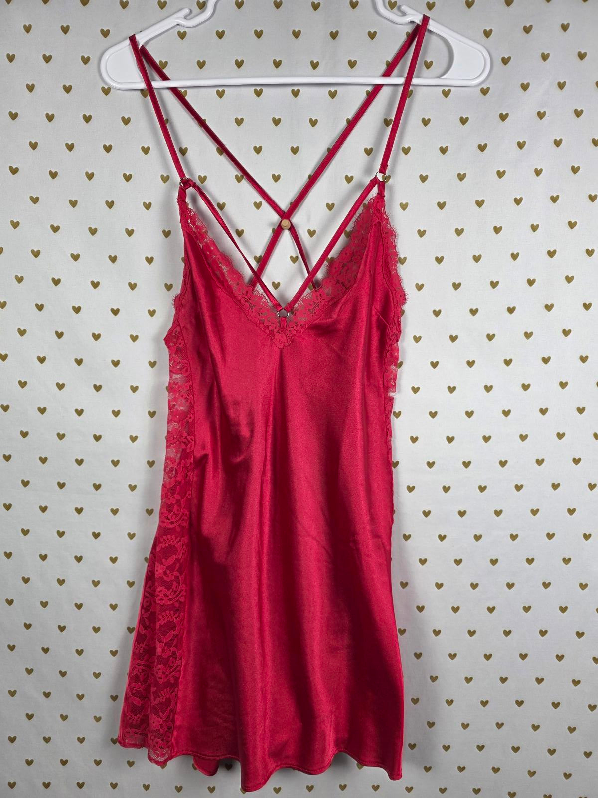 Victorias Secret RED Satin Cross Strappy Slip Dress lingerie Nightie Lace SMALL