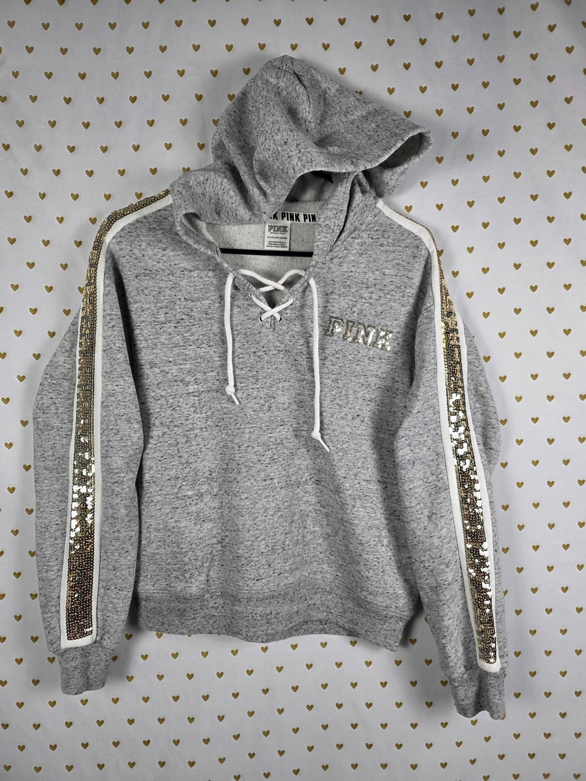 Victorias Secret Pink BLING SEQUINED Rose LOVE Pullover Hoodie Sweater XS
