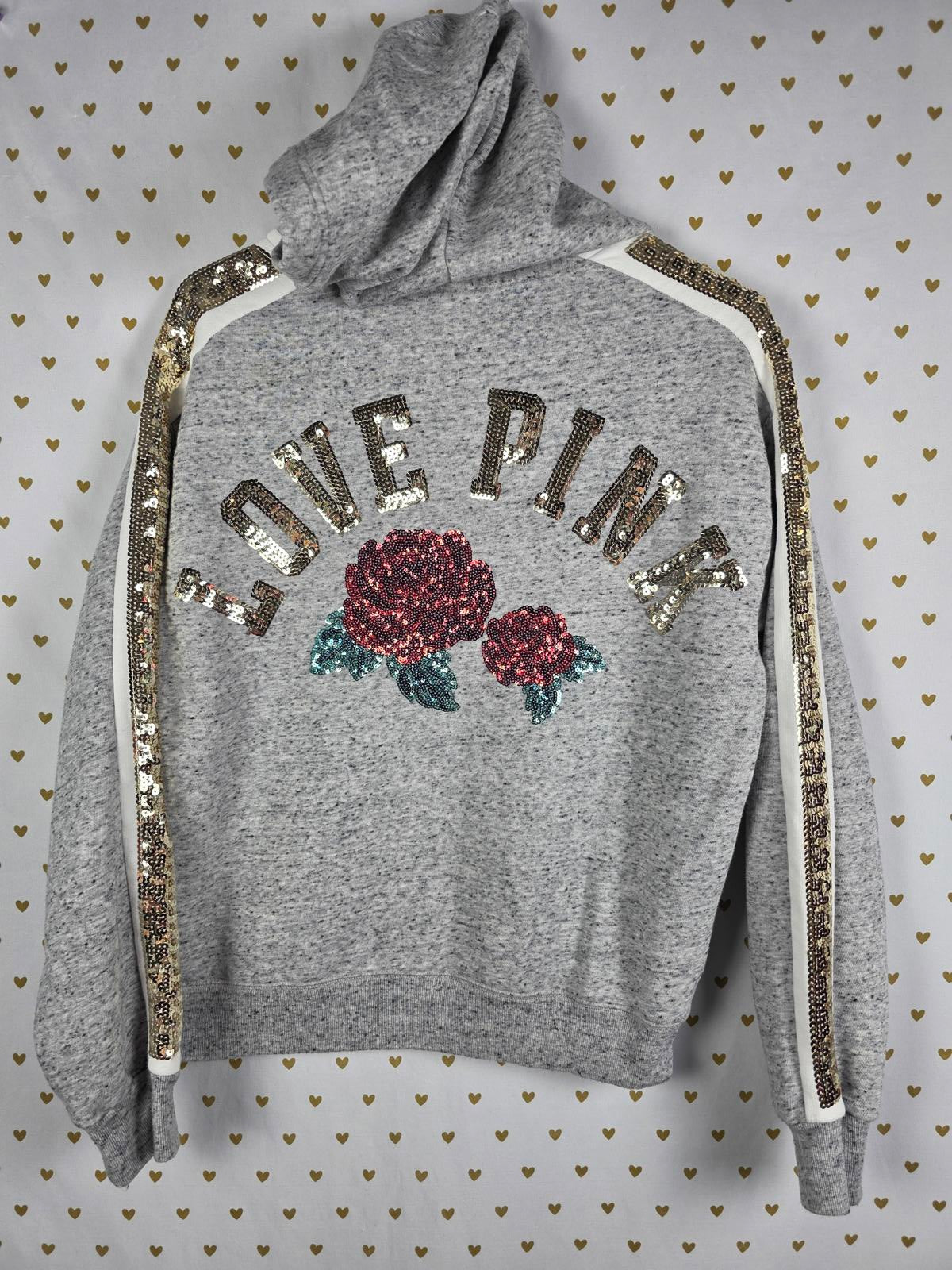 Victorias Secret Pink BLING SEQUINED Rose LOVE Pullover Hoodie Sweater XS