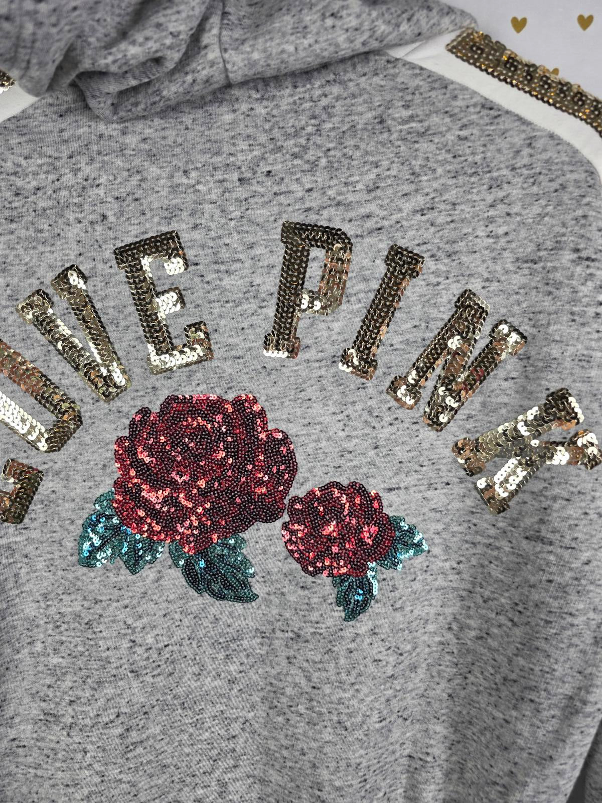 Victorias Secret Pink BLING SEQUINED Rose LOVE Pullover Hoodie Sweater XS