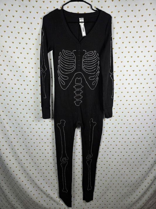 PINK Victoria Secret Black One Piece Bling Skeleton Thermal Pajamas NEW NWT Sm